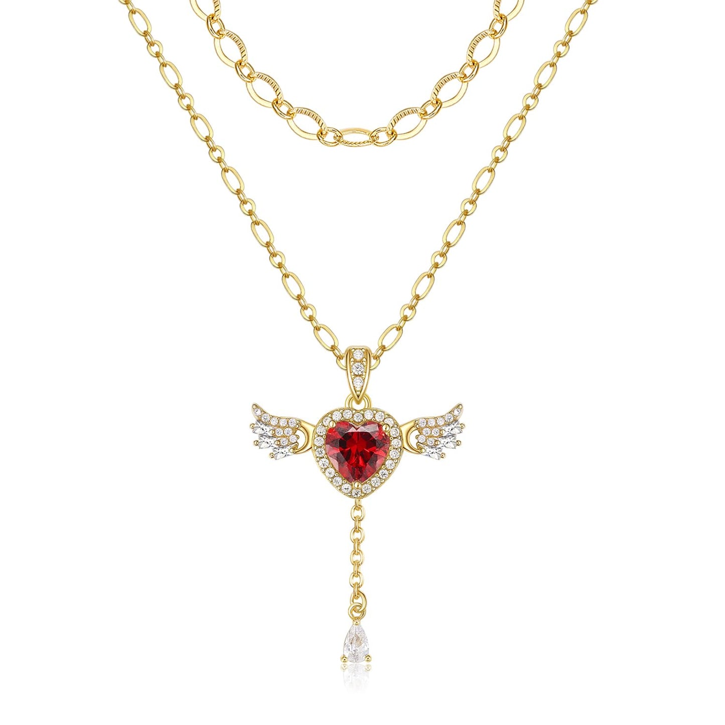 MEIITRUE Heart Necklace for Women Trendy,14k Gold Plated Dainty Layered Necklaces Set Cubic Zirconia Love Drop Pendant with Movable Wings Personalized Choker Chain Jewelry Gift Red