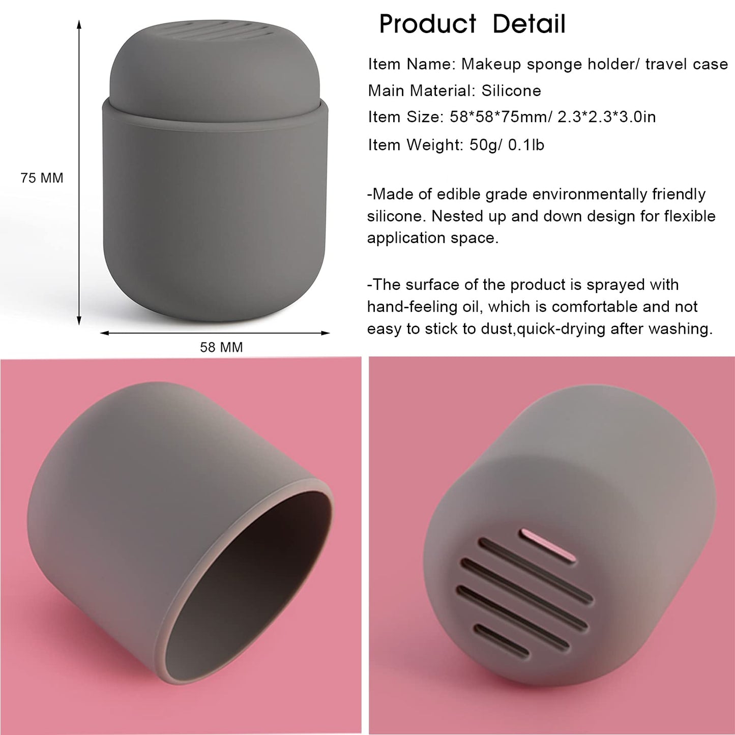 BEZOX Makeup Sponge Holder, Silicone Beauty Sponge Case with Double-Sided Vent Design for Quick Drying, Compact Travel Essentials Make Up Blender Container (BLENDER NOT INCLUDED) - Grey