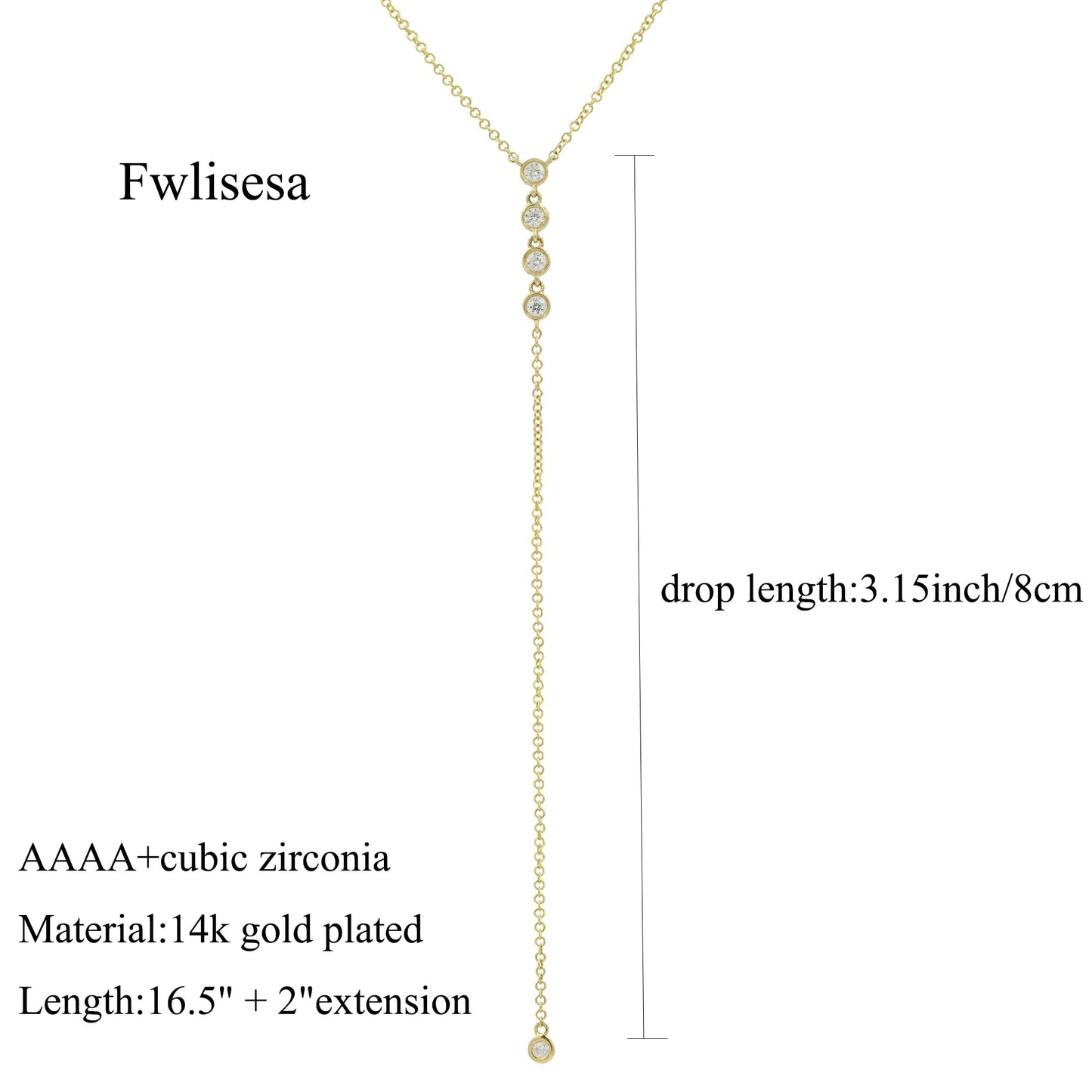 Fwlisesa CZ Teardrop Lariat Necklace for Women, Dainty Long Gold Necklaces 14k Gold Drop Necklace Simple Gold Pendant Necklace Aesthetic Y Necklace Costume Gold Jewelry for Women