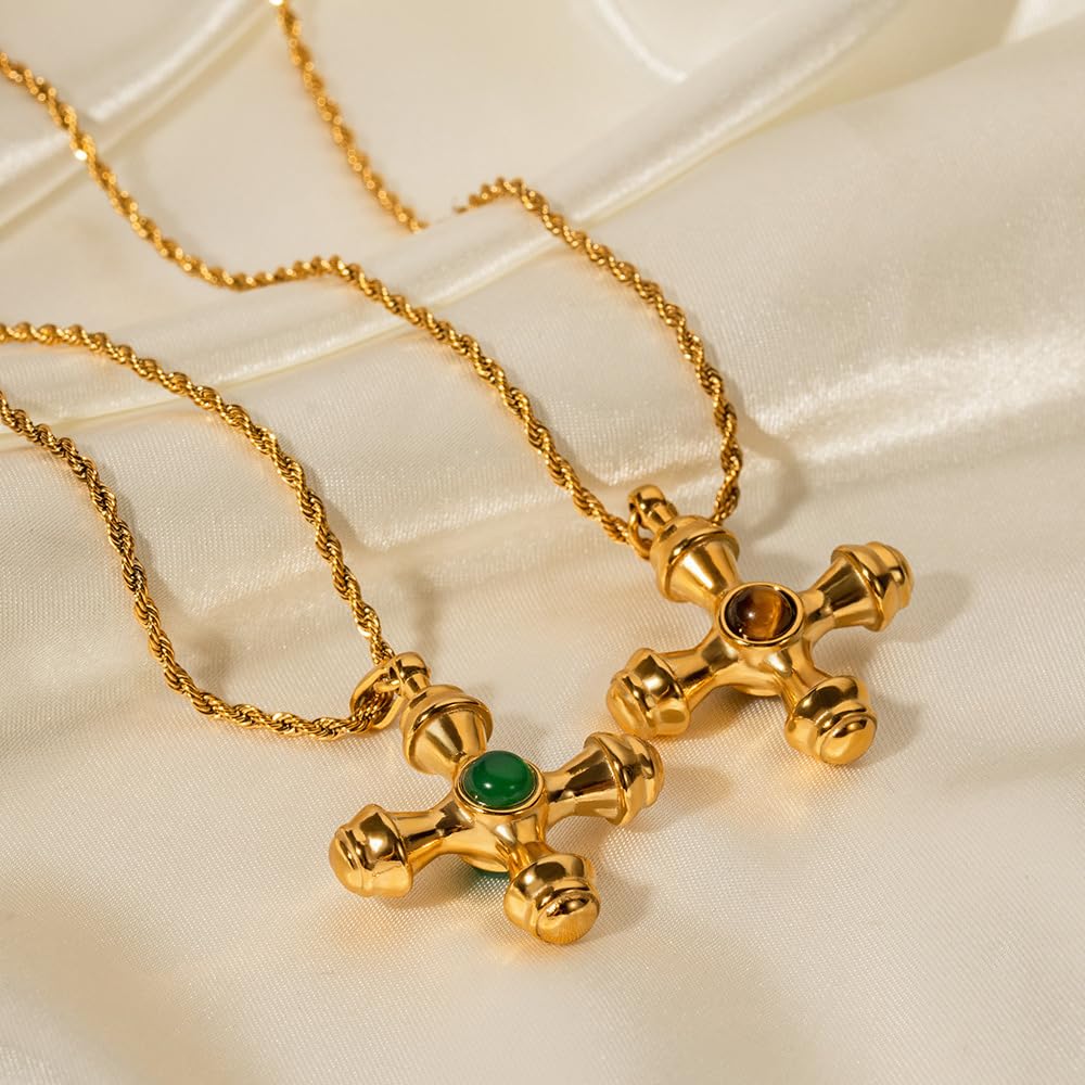 NUZON Green Agate Cross Necklace for Women 18K Gold Plated Stainless Steel Twisted Chain Gemstone Cross Pendant Necklace Layering Jewelry 19.7’’