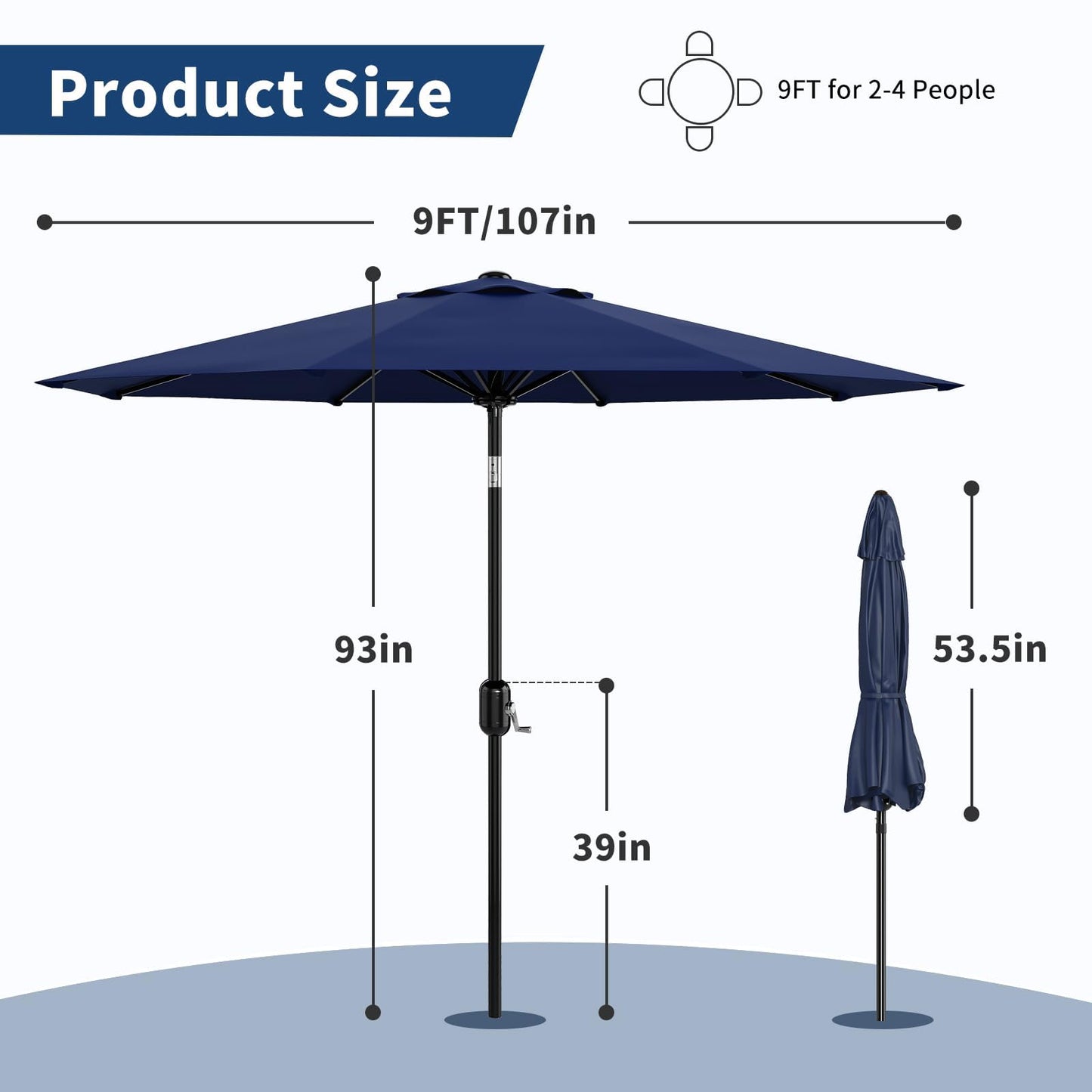 Garvee 9 ft Patio Umbrella - 8 Sturdy Ribs Outdoor Table Umbrella with Crank Lift & Push Button Tilt - Market Umbrella for Pool, Deck, Yard, Garden - Navy Blue