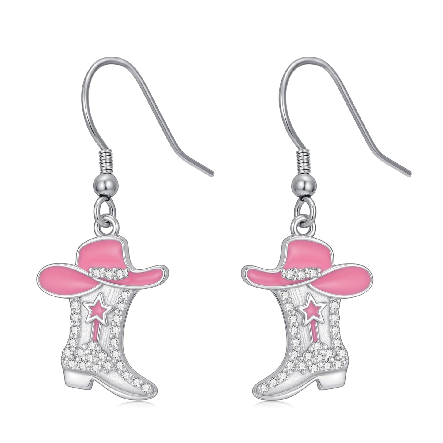 KoyeKei Pink Cowgirl Boot Earrings Western 925 Sterling Silver Pink Cowboy Texas Boot Country Dangle Drop Cubic Zirconia Earrings Western Jewelry Christmas Gifts for Women