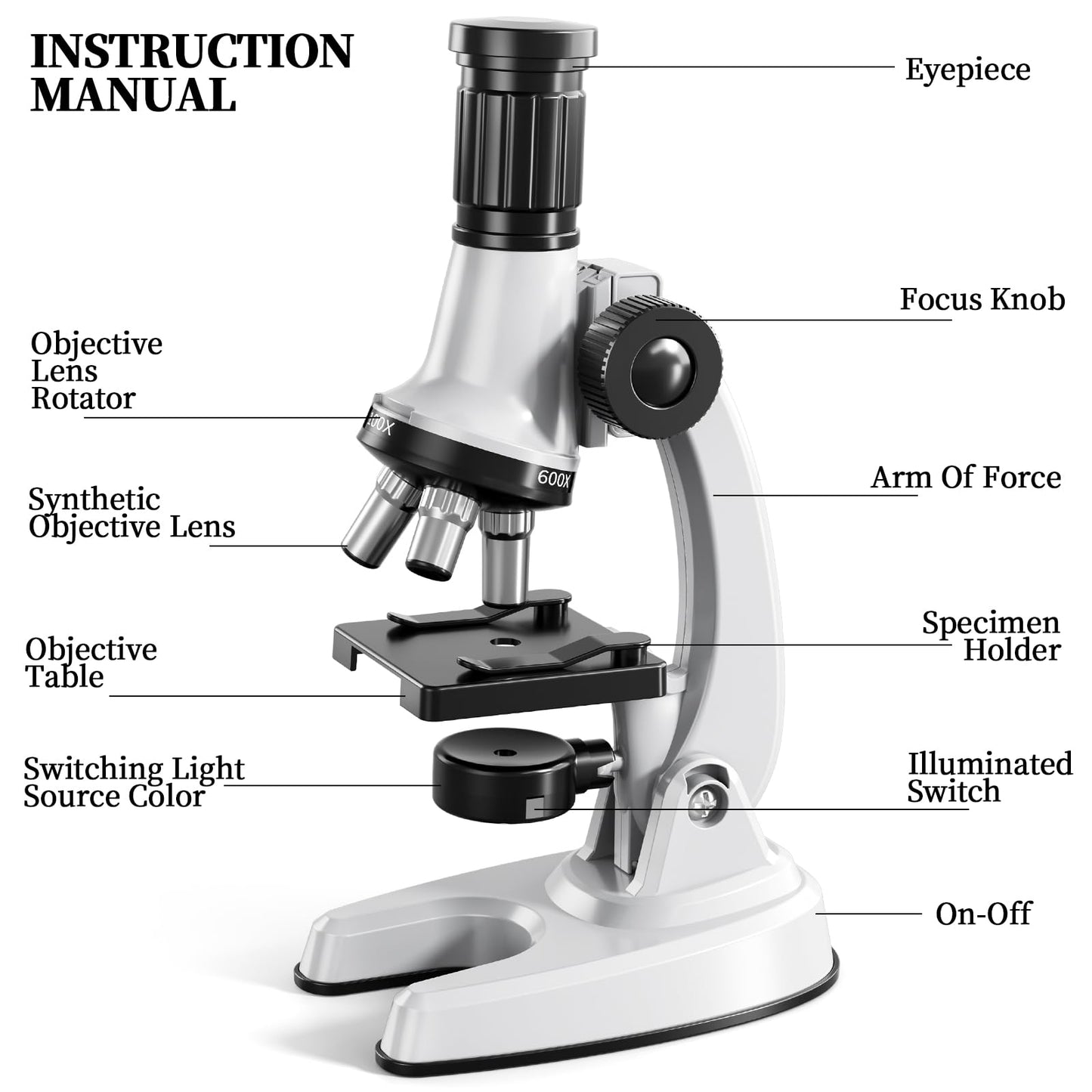 Novaluki 65 Pieces Microscope Kit for Kids Ages 5-7 8-13, 100X-1200X Magnification with 7 Colors of LED Lights and 12 Prepared Slides, Science Experiment STEM Kits for Boys and Girls Age 8-12 Years