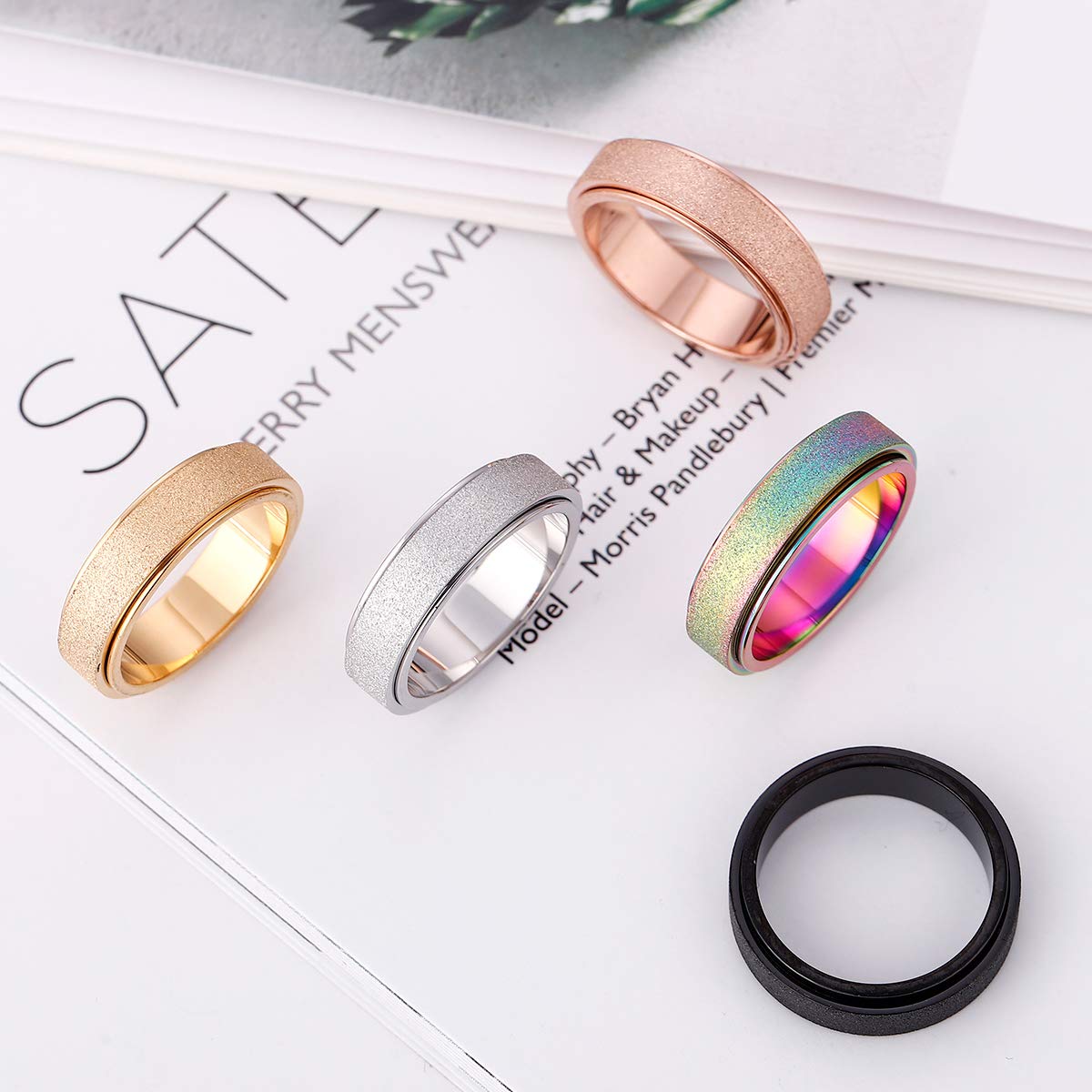 OreilleStar Anxiety Ring for Women Fidget Spinner Ring Fidget Toys Adults Titanium Stainless Steel Thumb Ring 6mm Wide Rose Gold Size 7