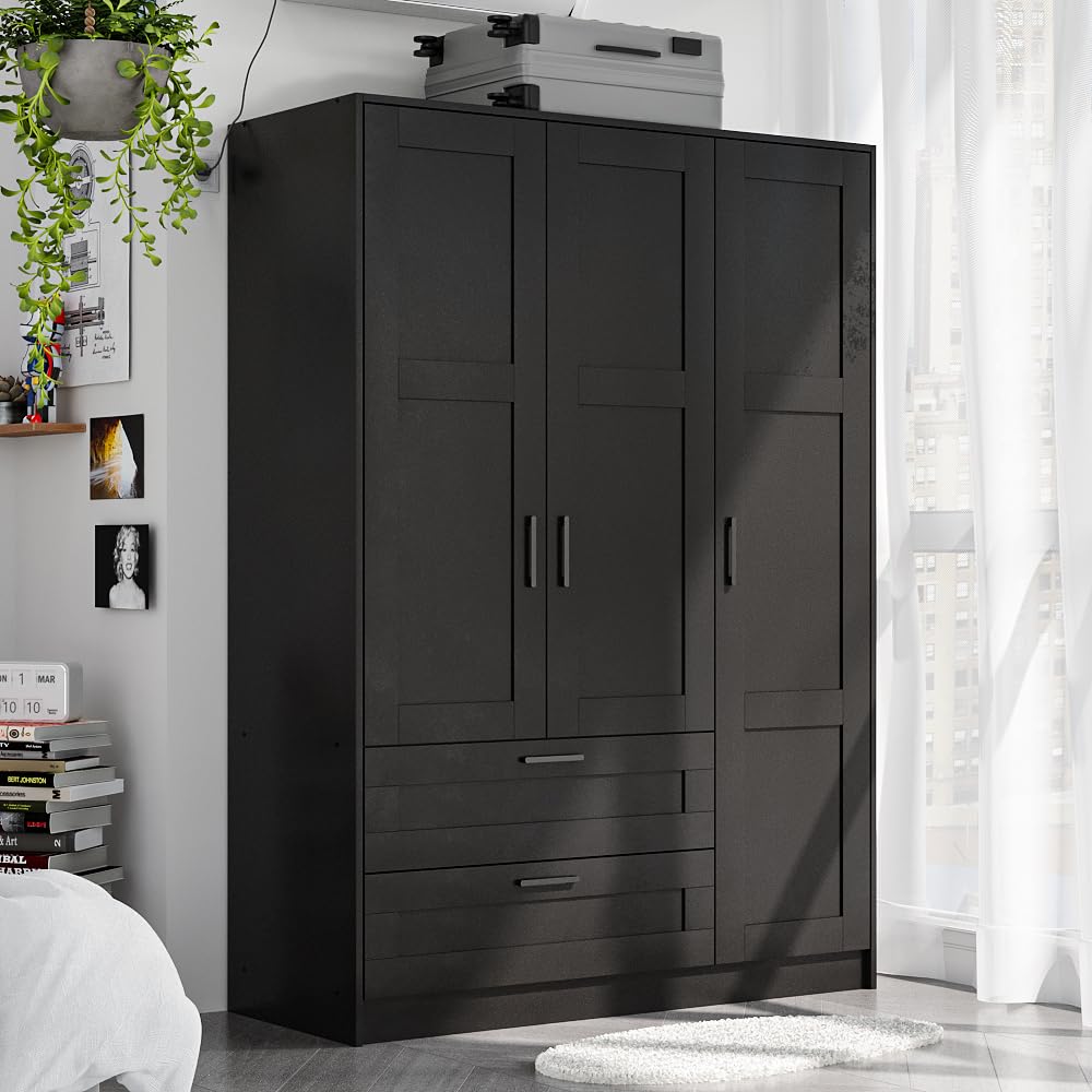 Fddevelop Wood Wardrobe Closet with 3 Doors and 2 Drawer，Bedroom Freestanding Armoire Storage Cabinet with Shelves，Wooden Wardrobe Combination for Hanging Clothes