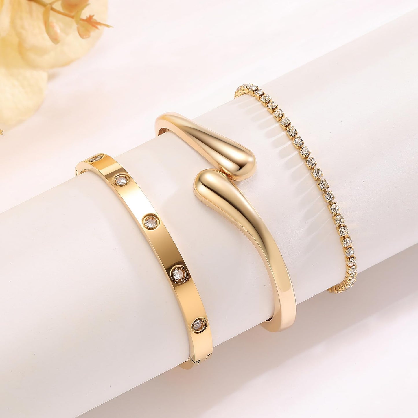 Mothers Day Gifts for Mom 18K Gold-Plated Bracelet Set – Floral Clover, Tennis, Chunky Adjustable Twist Cuff, Classic Gold-plated Bangle Stainless Steel, Non Tarnish, Stackable Bracelet Gift for Women