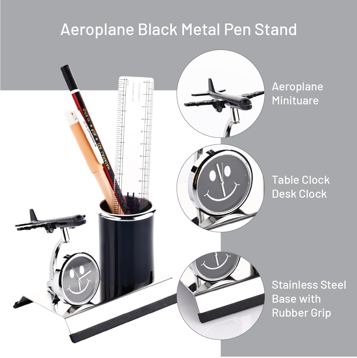 ZAHEPA Airplane Metal Pen Stand With Clock, Stylish Stationary Airplane Desk Clock with Pen Pencil Holder, Elegant Corporate & Aviation Gifts Set, Durable Decorative Showpiece For Office Desk