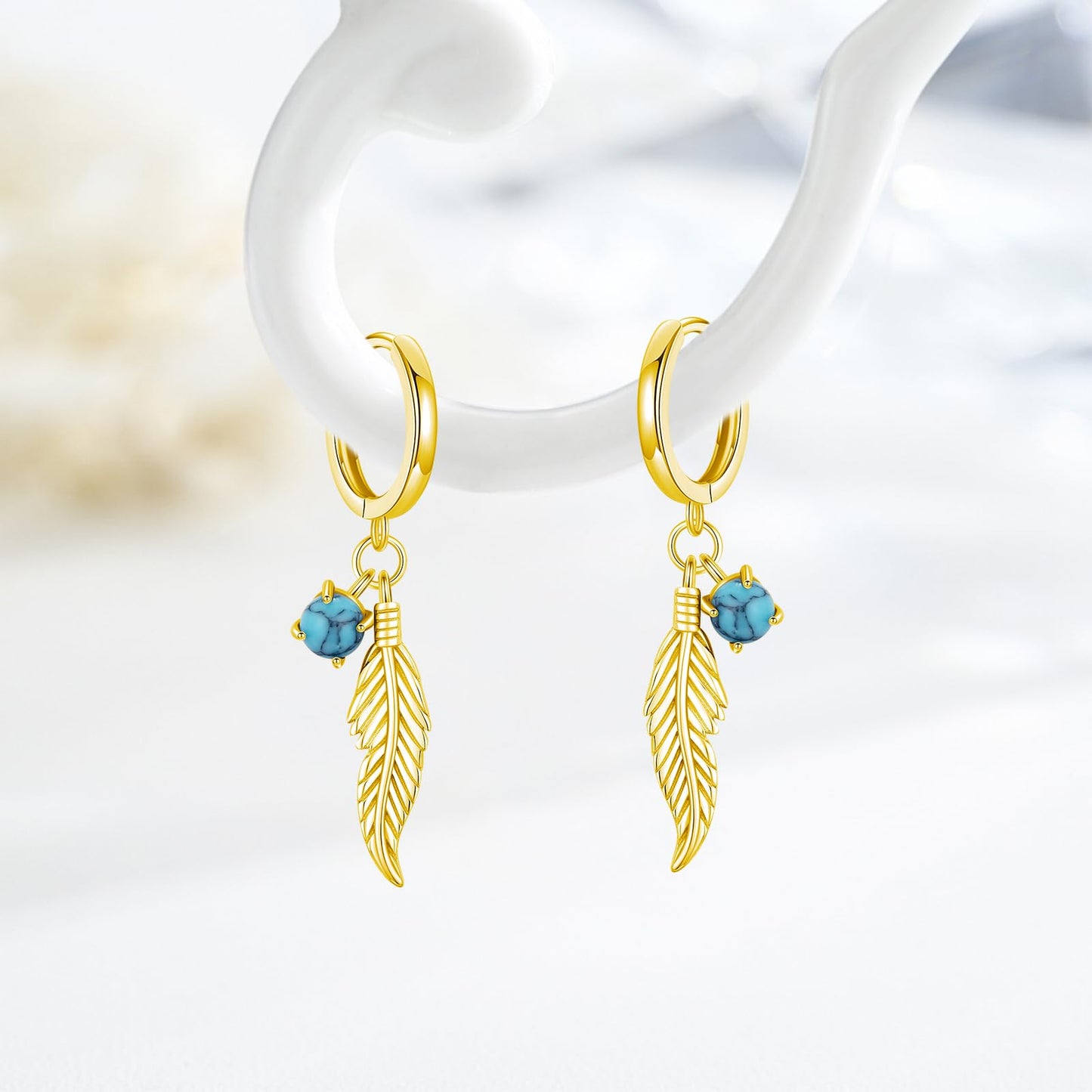 Feather Turquoise Earrings 925 Sterling Silver 14k Gold Plated Turquoise Dangle Earrings Western Earring Native American Jewelry Indigenous Gifts for Women
