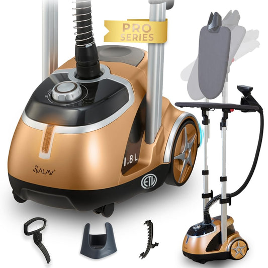 SALAV® Professional Garment Steamer with Built-in Ironing Board, 1500W Continuous Steam, 4 Steam Settings, Chrome Finish, Stainless Steel Steam Plate, Removable 1.8L Tank, Wheels for Easy Movement