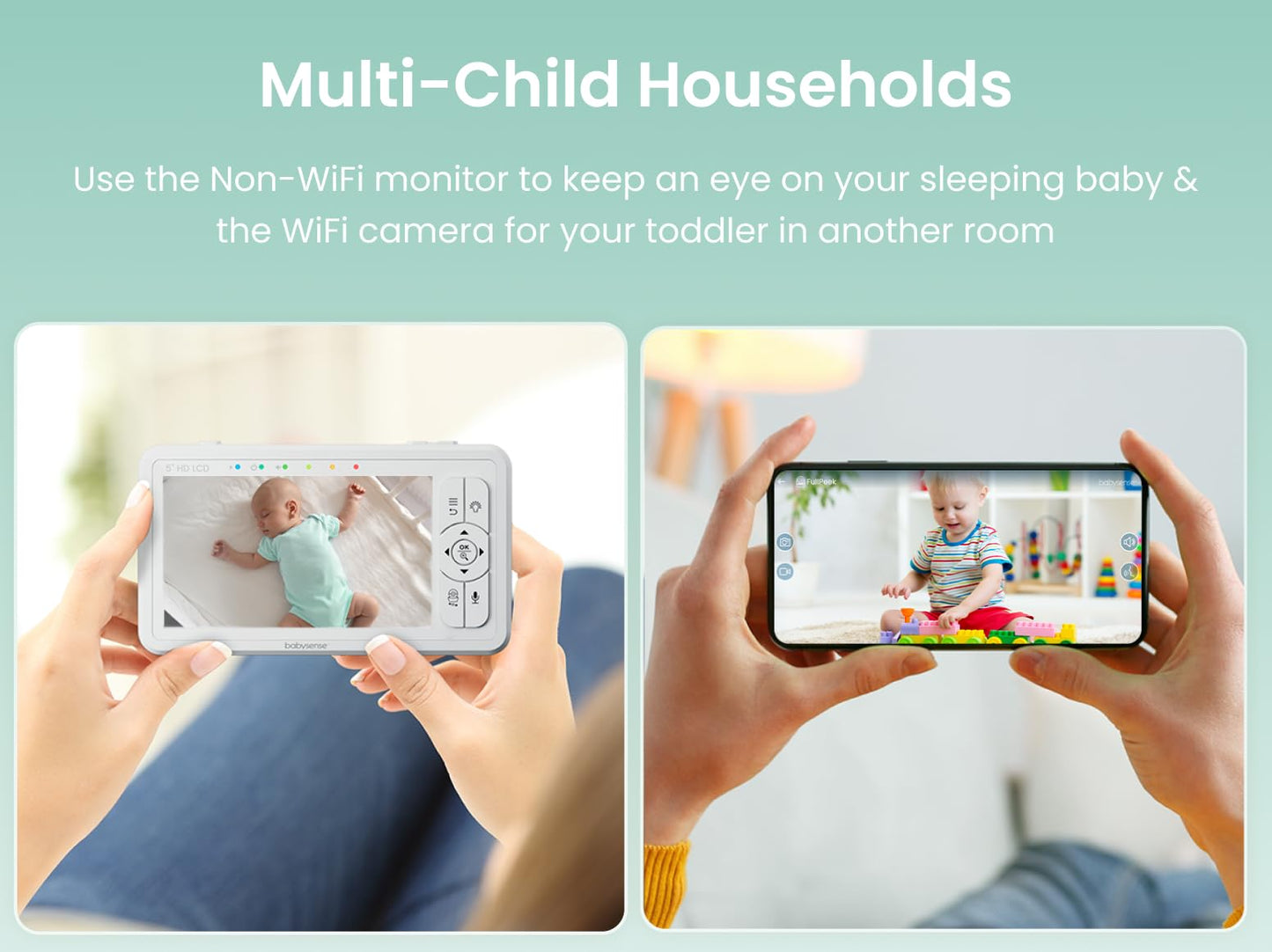 Babysense HDS2 Non-WiFi 5” HD Baby Monitor with Camera and Audio & Bonus WiFi Security Camera with App for Remote Viewing - HDS2&FullPeek
