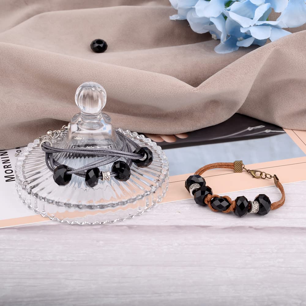 Cheriswelry 100pcs Black Faceted Glass Beads No Metal Core Rondelle European Large Hole Beads Loose Spacer Beads Slide Charms 14x8mm for DIY Snake Chains Macrame Bracelet Jewelry Making