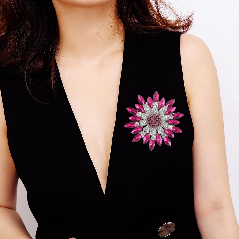 Rhinestone Large Flower Brooches Pins for Women Fashion Sparkly Crystal Sunflower Statement Brooch Unique Wedding Party Suit Dress Jewelry Accessories(Peach)