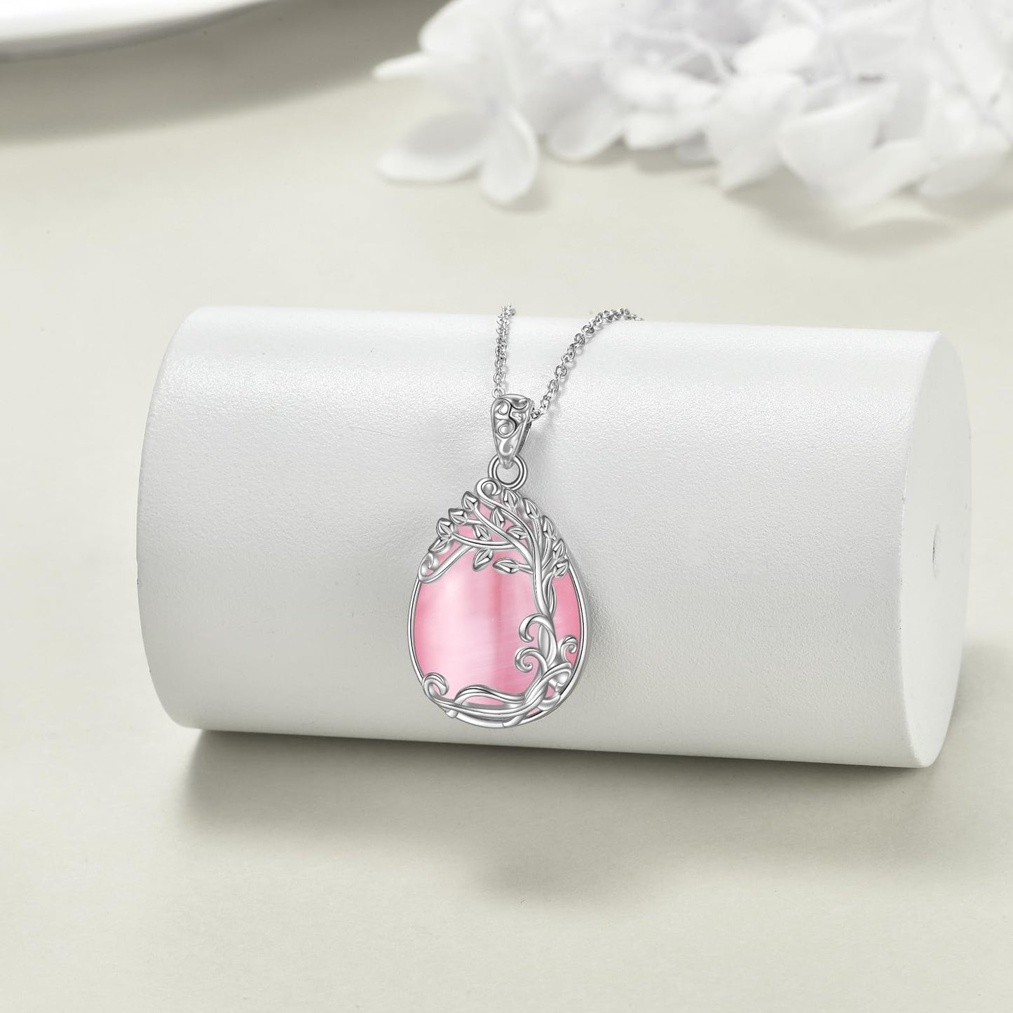 YAFEINI Tree of Life Necklace 925 Sterling Silver Pink Natural Stone Necklace Pendant Jewelry for Women (PP-Tree of Life Pink Opal Necklace)