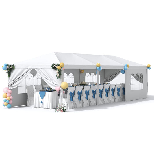 Greesum 10x30 Outdoor Canopy with with 6 Side Removable Walls, Patio Camping Heavy Duty Gazebo Shelter for Party Wedding BBQ Events, Waterproof Tent, White