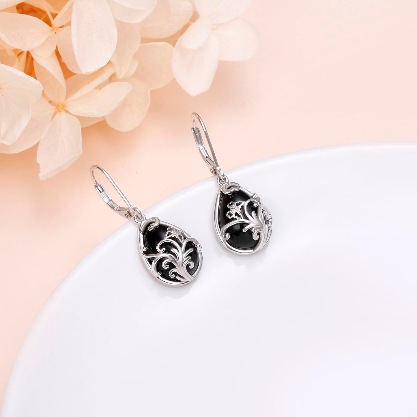 SHAOAN 925 Sterling Silver Butterfly Filigree Dangle Drop Earrings for Women Black Agate Teardrop Earring Jewelry Gift for Anniversary Christmas Birthday Mother’s Day