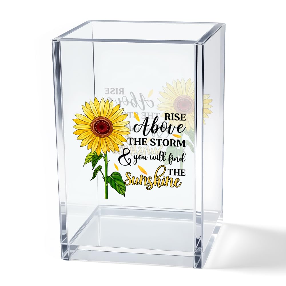 Vgrti Rise Above The Storm and You Will find The Sunshine Acrylic Cosmetic Pencil Pen Holder Cup, Positive Sunflower Desk Organizer Accessories for Home Office Decor, Motivational Gifts for Women Girl