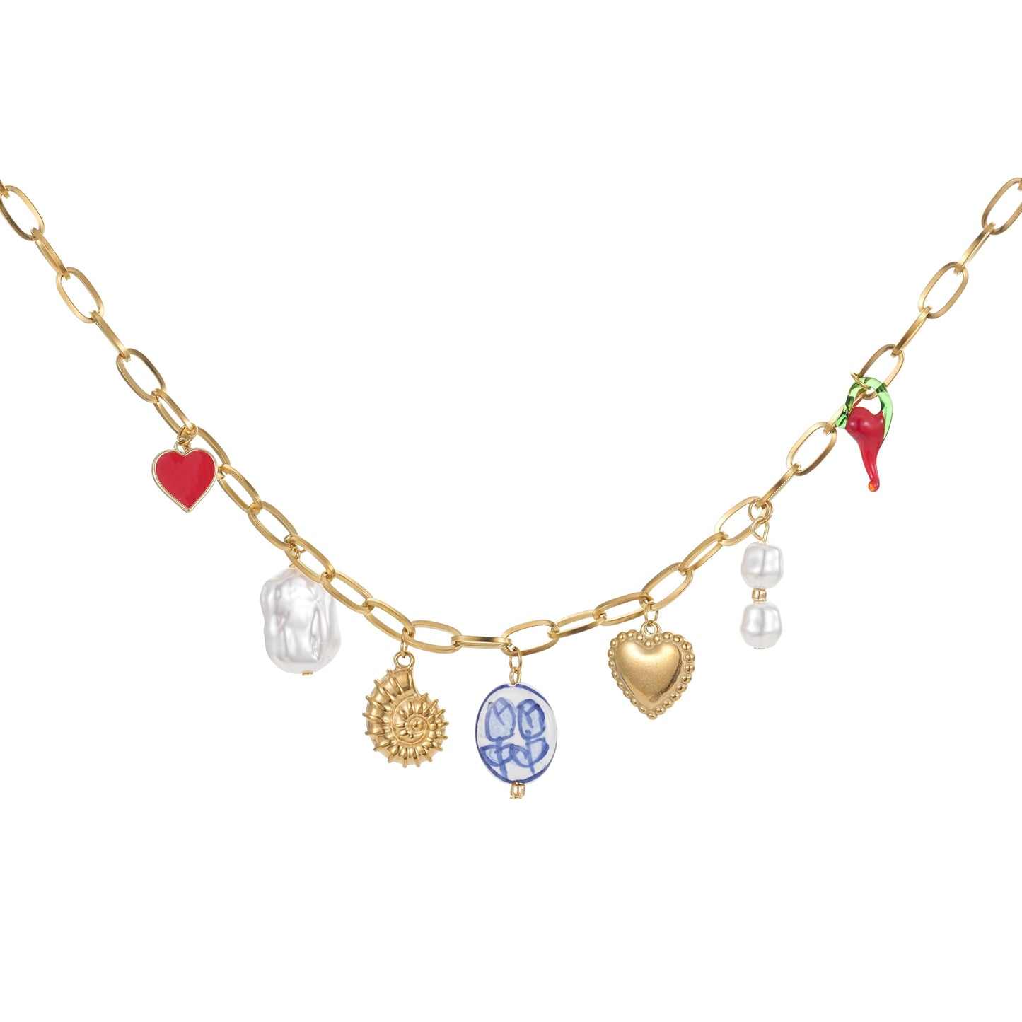 Trendy Stainless Steel Gold Plated Charm Necklace with Heart Pearl Pepper Conch Ceramic Pendant Necklace for Women Collares Chokers Jewelry (Collares Chokers)
