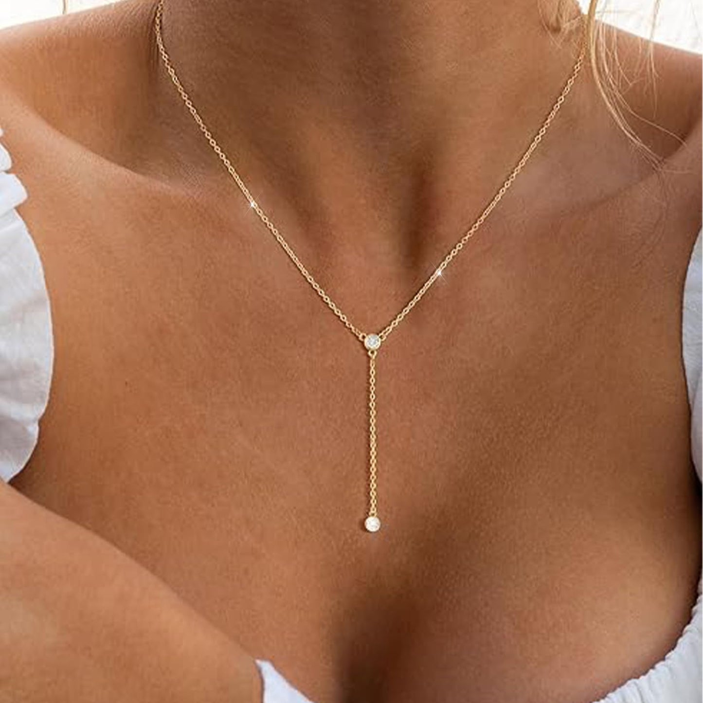 HERIER Lariat Gold Necklace for Women 14k Gold Plated Dainty Long Y Necklaces CZ Pendant Drop Choker Necklace Trendy Simple Gold Jewelry for Women
