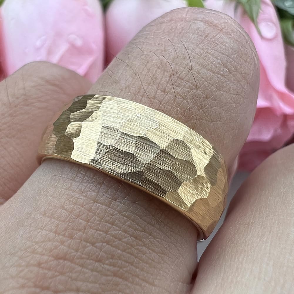 TUTISS 8mm Gold Hammered Tungsten Rings for Men Women Engagement Wedding Bands Domed Matte Finish Comfort Fit Size 10