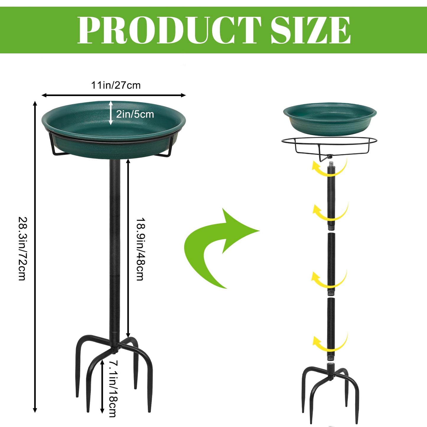 YALINKA 35.5In Freestanding Birdbaths Bowl Outdoor, Standing Garden Bird Bath Bird Feeder Bowl with Metal Stake, Detachable Decoration Spa Birdfeeder for Garden Patio Yard Lawn, 4 Spiky Feet (D)