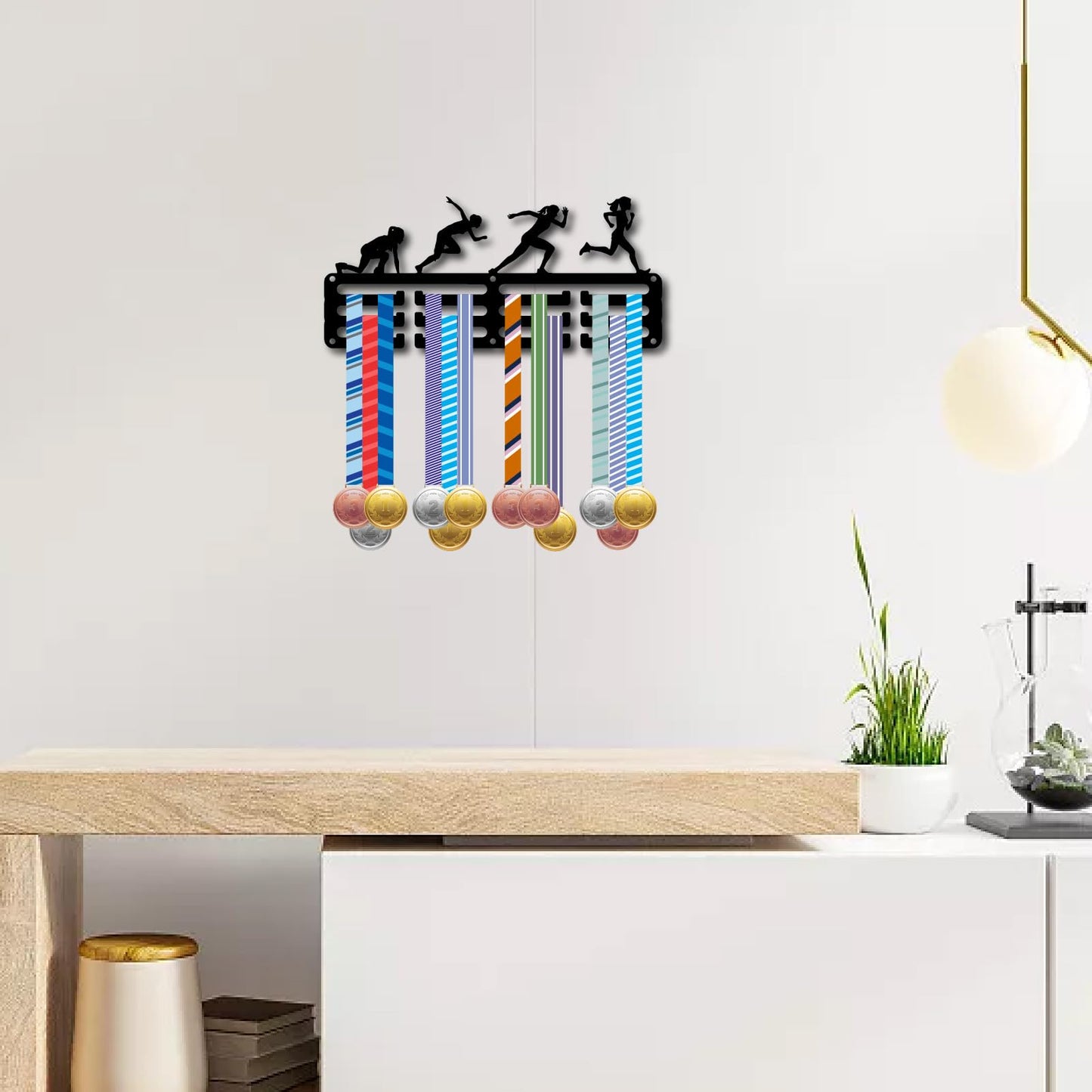 CREATCABIN Track and Field Medal Holder Medal Display Rack Wall Frame Athletics Runner Sports Race Ribbons Hanging Mount Small Hooks for Wall Running Runners Marathon Athlete Medalist 11.4x5.1Inch