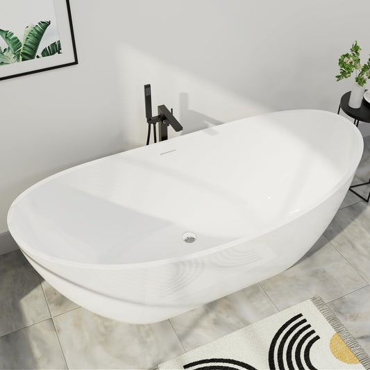 Mokleba 62" Lucite Acrylic Freestanding Bathtub, Double Slipper Shape Contemporary Soaking Tub with Toe-tap Chrome Drain, Slotted Overflow, cUPC Certified, Glossy White