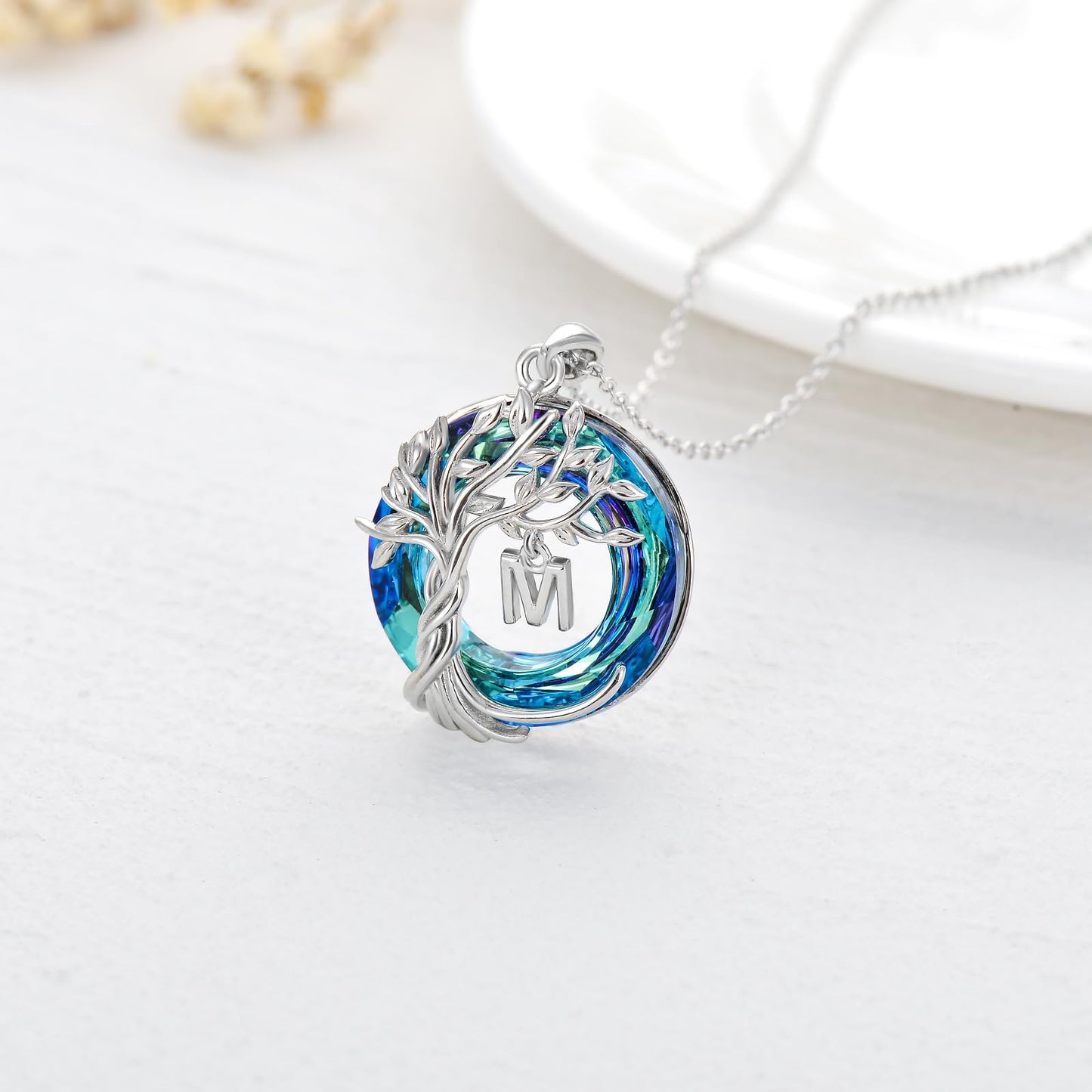 TOUPOP Tree of Life Initial Necklace Gifts for Women Sterling Silver Initial M Letter Jewelry Irish Crystal Pendant Birthday Gifts for Women Her Mom Wife Daughter