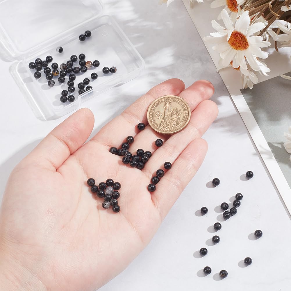 NBEADS About 89 Pcs Natural Black Tourmaline Beads Strands, 4mm Polished Smooth Gemstone Round Beads Nature Spacer for Bracelets Necklace Jewelry Making