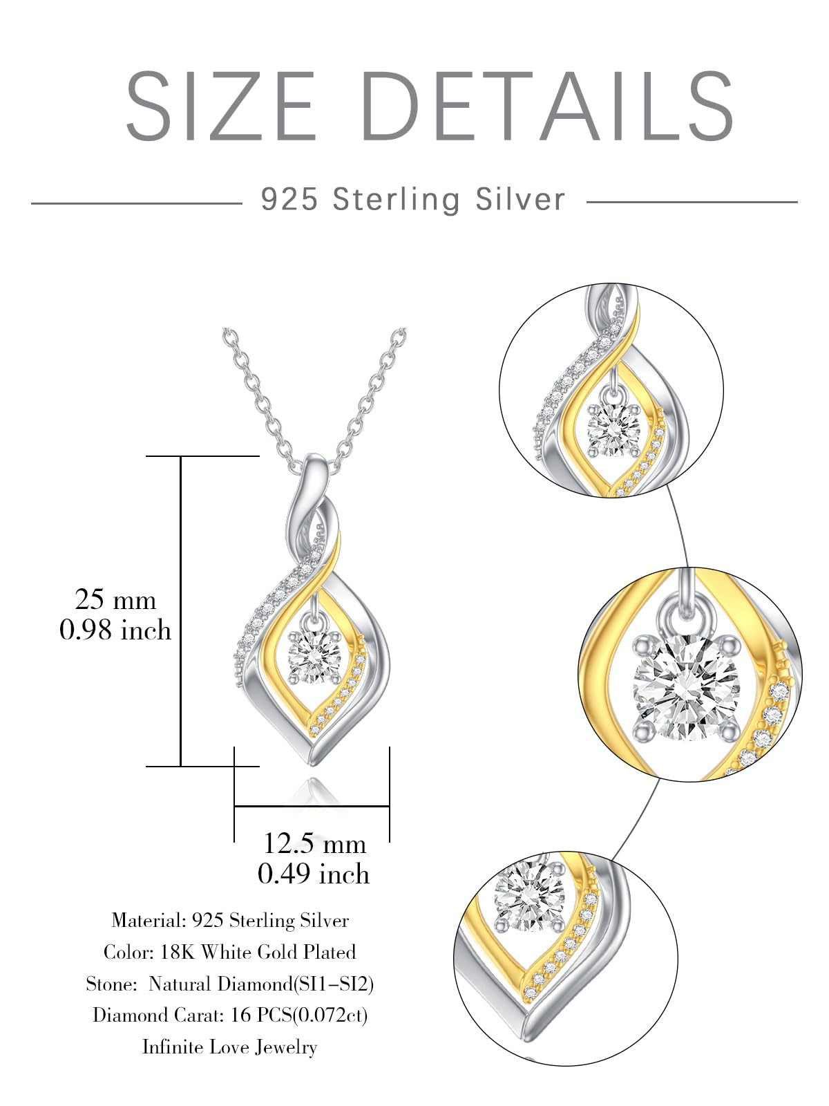 ZBA Natural Diamond Infinity Necklace for Women, 14K Gold Plated Sterling Silver Diamond Inifnity Pendant Necklace Jewelry Birthday Christmas Gift for Her Mom Wife(0.072ct, Color F-G/Clarity I1-I2)