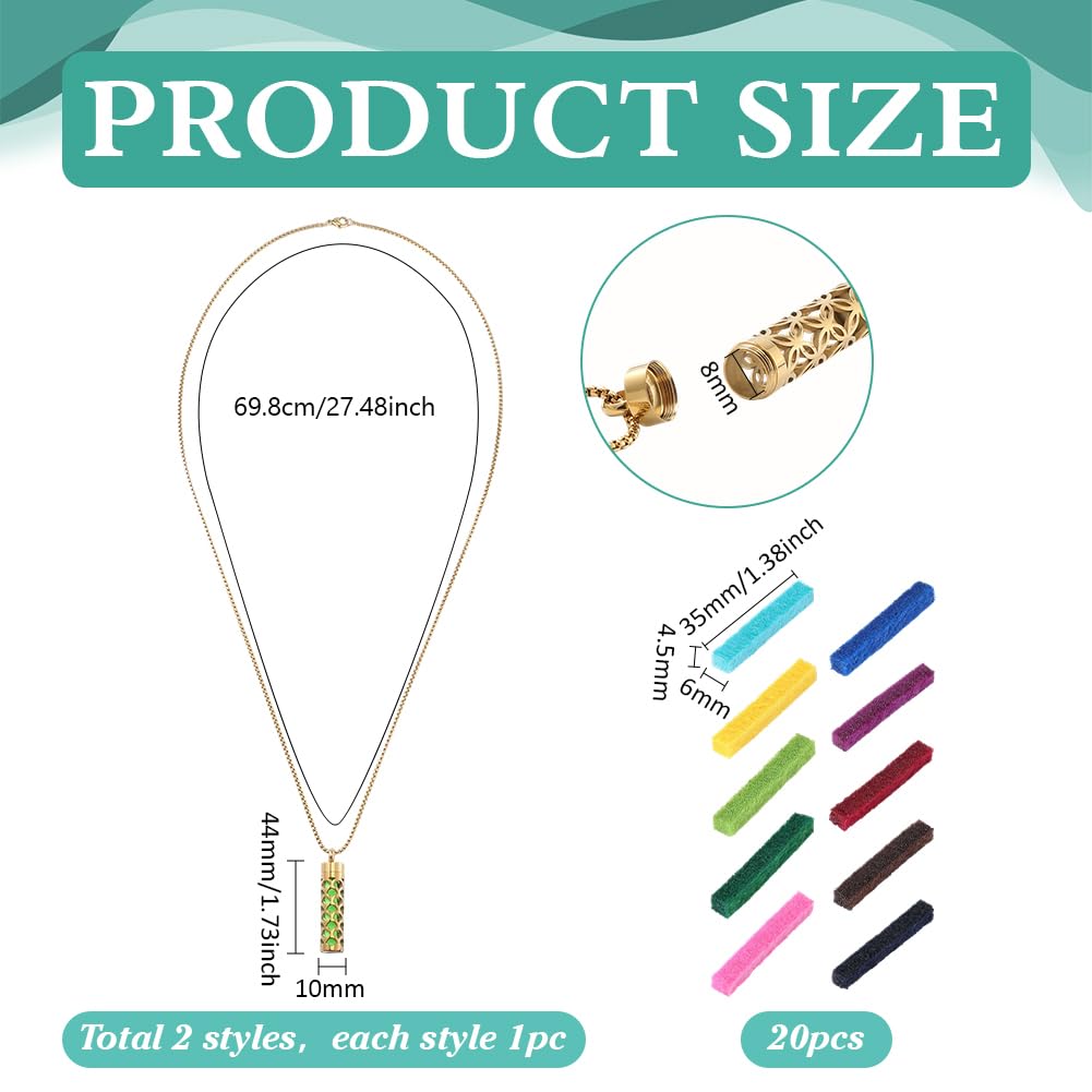 PH PandaHall Essential Oil Diffuser Necklace 2 Styles Golden Aromatherapy Necklaces Column Perfume Bottle Necklace Stainless Steel Locket Pendant with 20pcs Pads for Women Men Birthday Jewelry Gifts