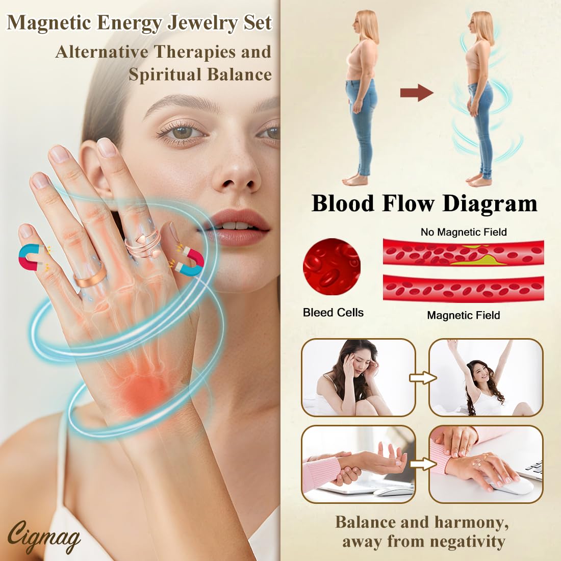 Cigmag 9X Magnetic Rings for Women, with Powerful Magnets, Adjustable Solid Pure Copper (Copper Matte & Heart)