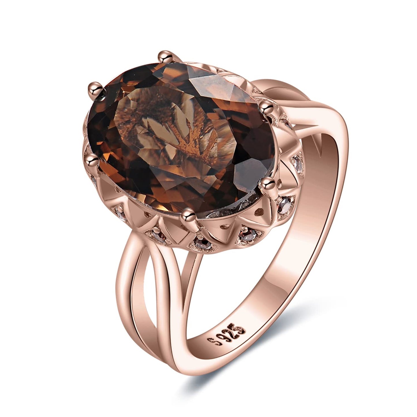 JewelryPalace Huge Oval Shape 5.7ct Genuine Smoky Quartz Cocktail Rings for Her, 14K Rose Gold Plated 925 Sterling Silver Ring for Women, Natural Gemstone Jewelry Sets Rings 6