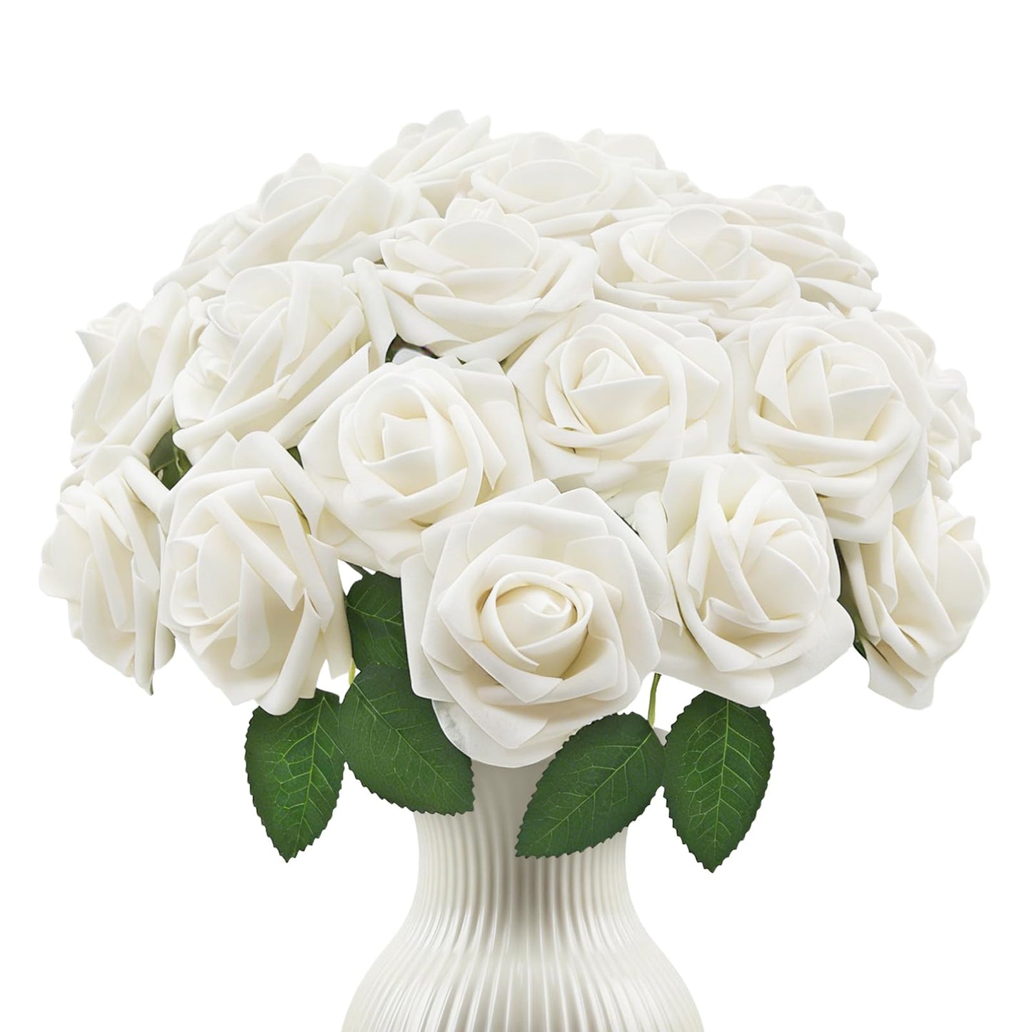 VevlaGreo 25Pcs Artificial Flowers Foam Fake Roses Ivory White with Stems,for DIY Wedding Bouquets White Bridal Shower Centerpieces Arrangements Party Tables Decorations and Home Decorations