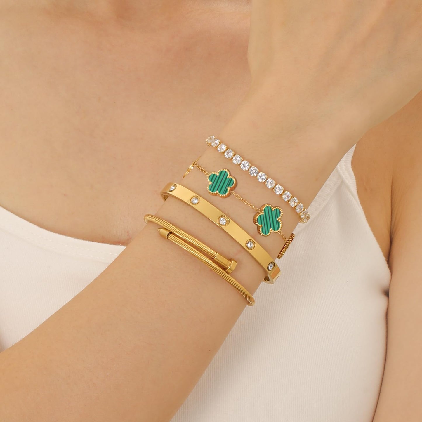 Gold Bracelets for Women, 18K Gold Plated Women Tennis Bracelets Clover Nail Love Bangle Bracelet Set, Gold Bracelet Stackable Set Trendy Jewelry, Gifts for Women's Day and Mother's Day (07-Color-green)