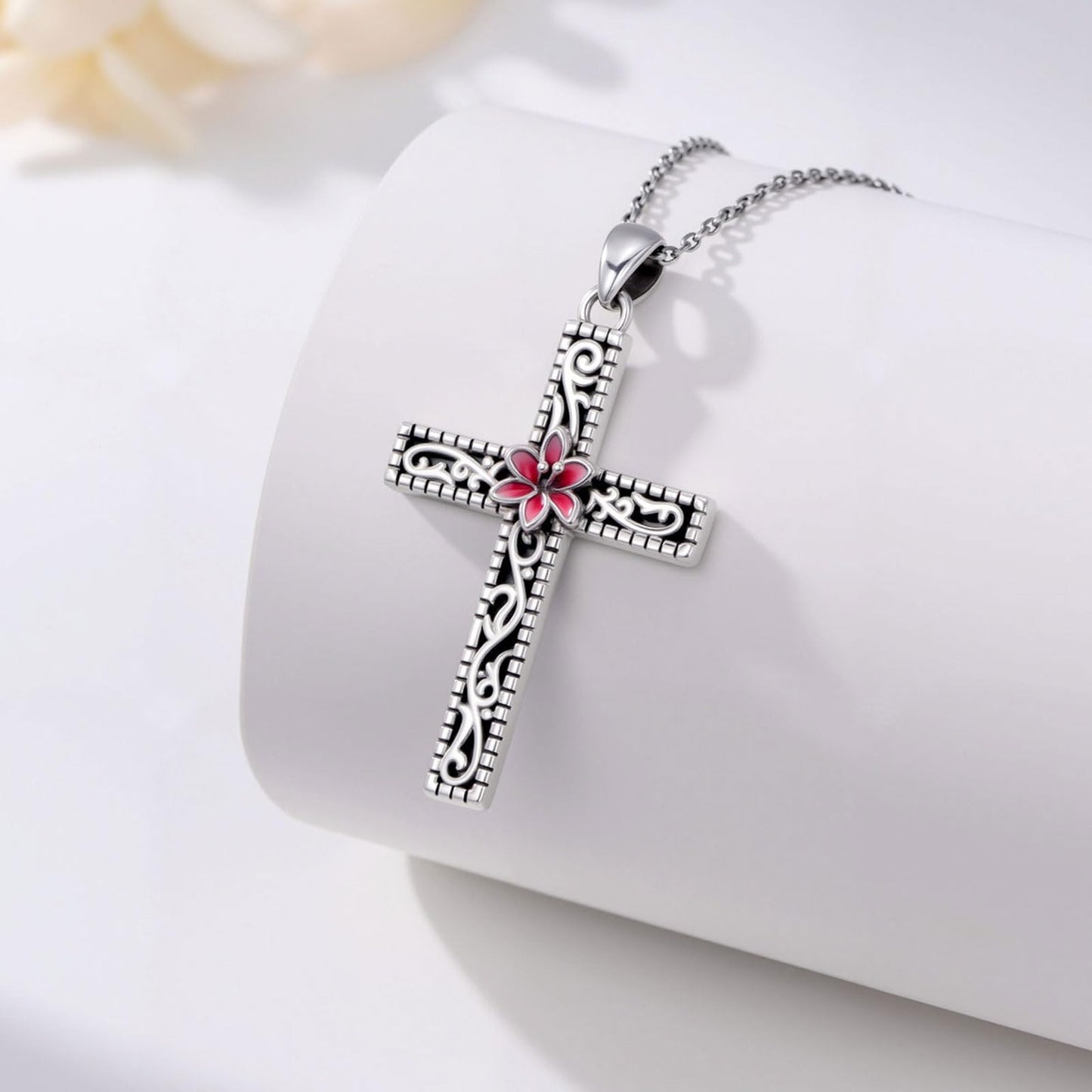 KoyeKei Lily Cross Necklace for Women 925 Sterling Silver Lily Flower Pink Filigree Necklaces Pendant Christian Faith Jewelry with Abalone Shell Gifts for Mom Lover Mothers Day Birthday Graduation