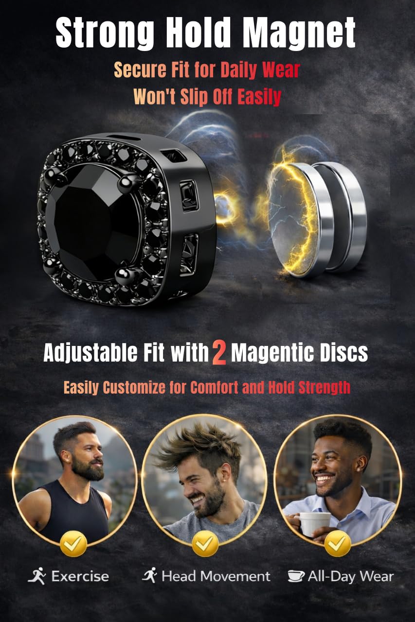 2 Pairs Magnetic Earrings for Men Clip On Fake Earrings Non Pierced, Stainless Steel Magnet Nose Stud Piercings for Women, 8MM, Black Color