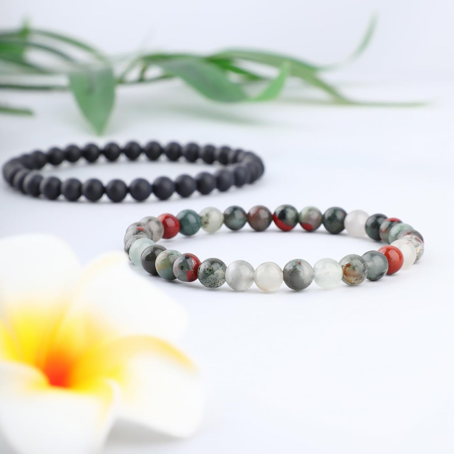 NCB 2-Piece 6mm Natural Crystal Gemstone Stretch Bracelets – ﻿African Bloodstone, Matte Black Agate Handmade Reiki Energy Healing Jewelry for Meditation,Yoga, Unisex