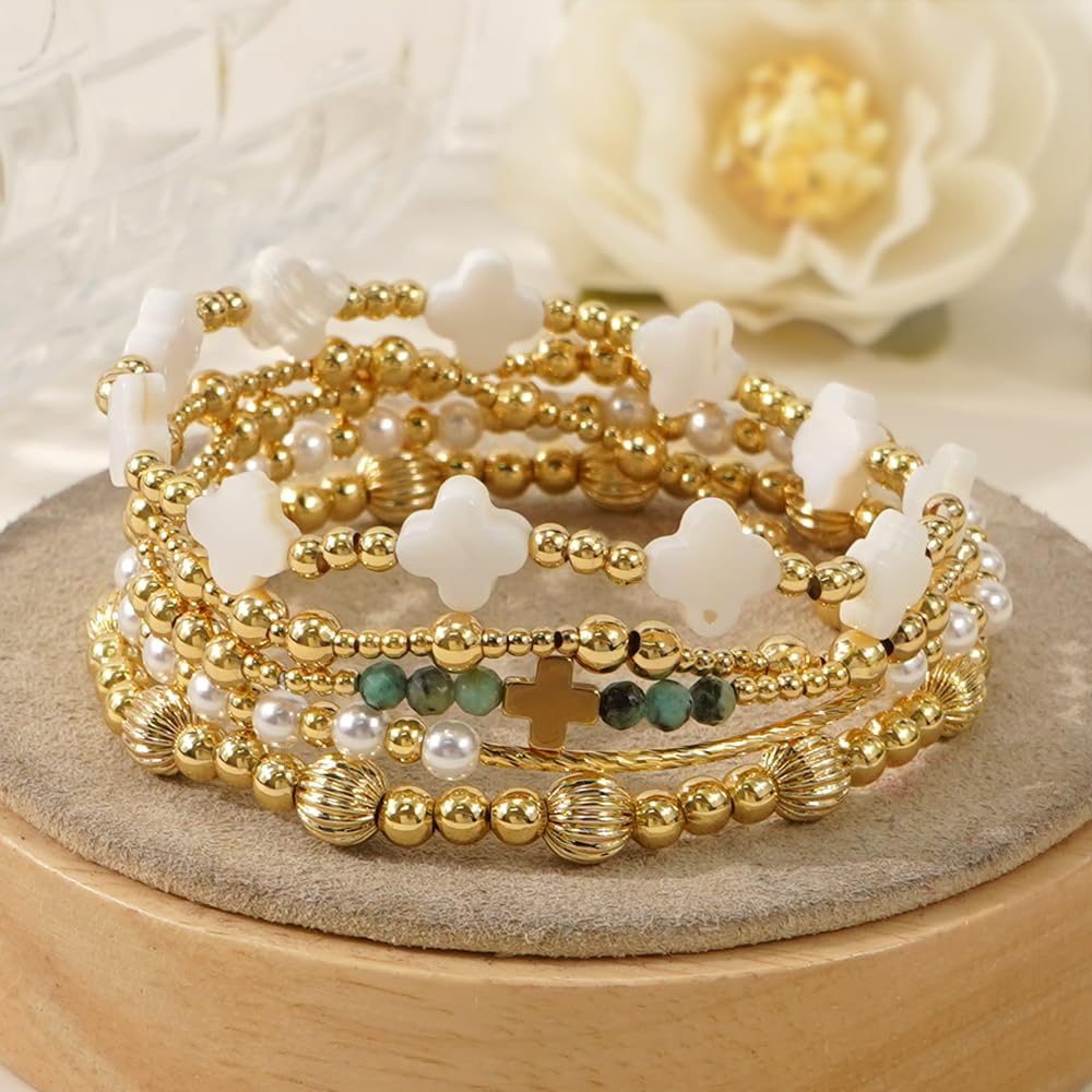 SHINUS BOHO Cross Clover Pearl Gold Beaded Bracelet Stack for Women,5PCS Dainty Handmade Boho Gold Plated Latern Beads Stackable Bracelets Set Fashion Prom Holiday Accessories Jewelry Gift Friendship
