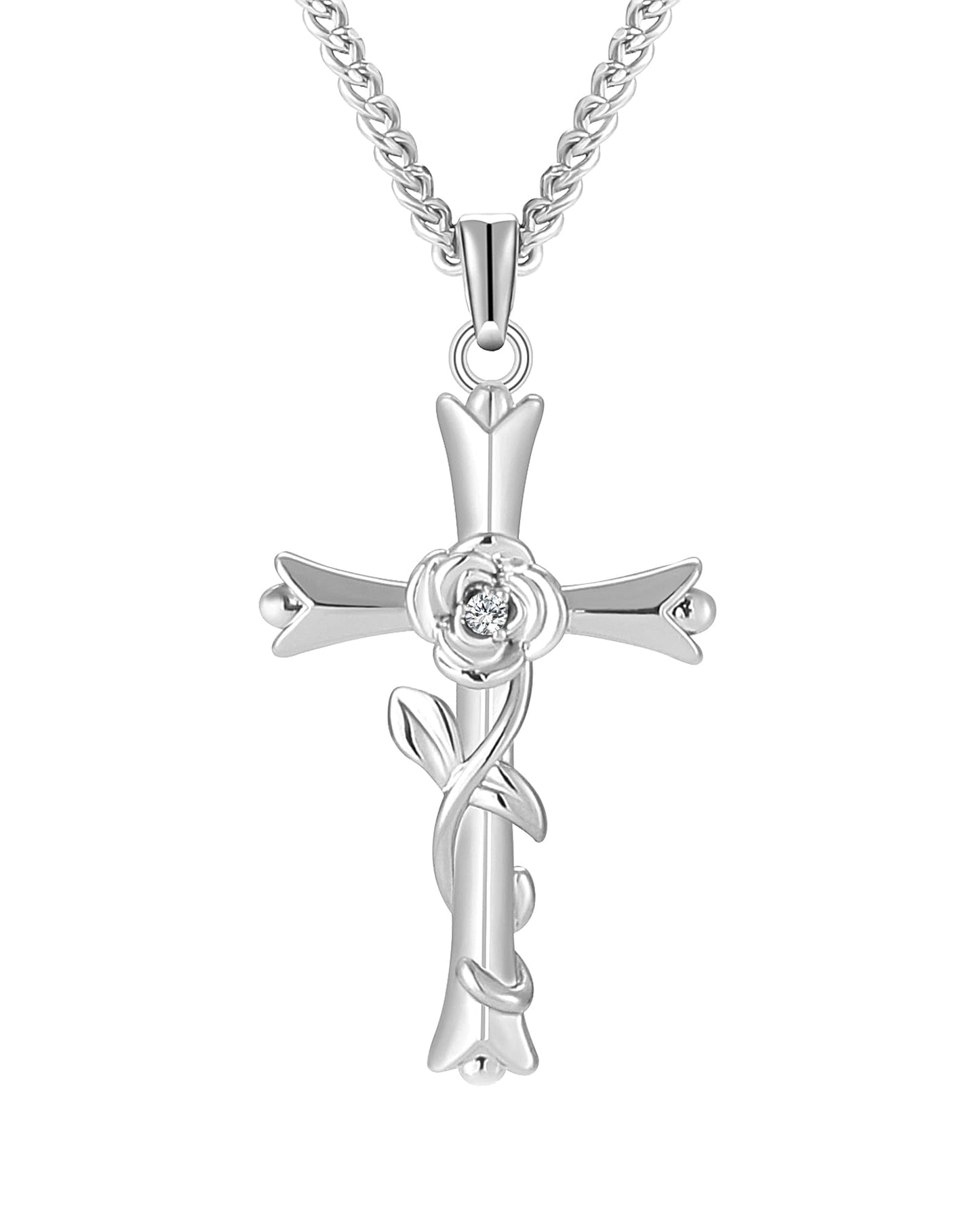 ACECHA Silver Cross Necklace for Women, Dainty Faith Cross Pendant Necklaces with Rose Jewelry for Mom Wife Daughter Sister | Gifts for Birthday Anniversary Christmas Easter(Rose-Romantic)