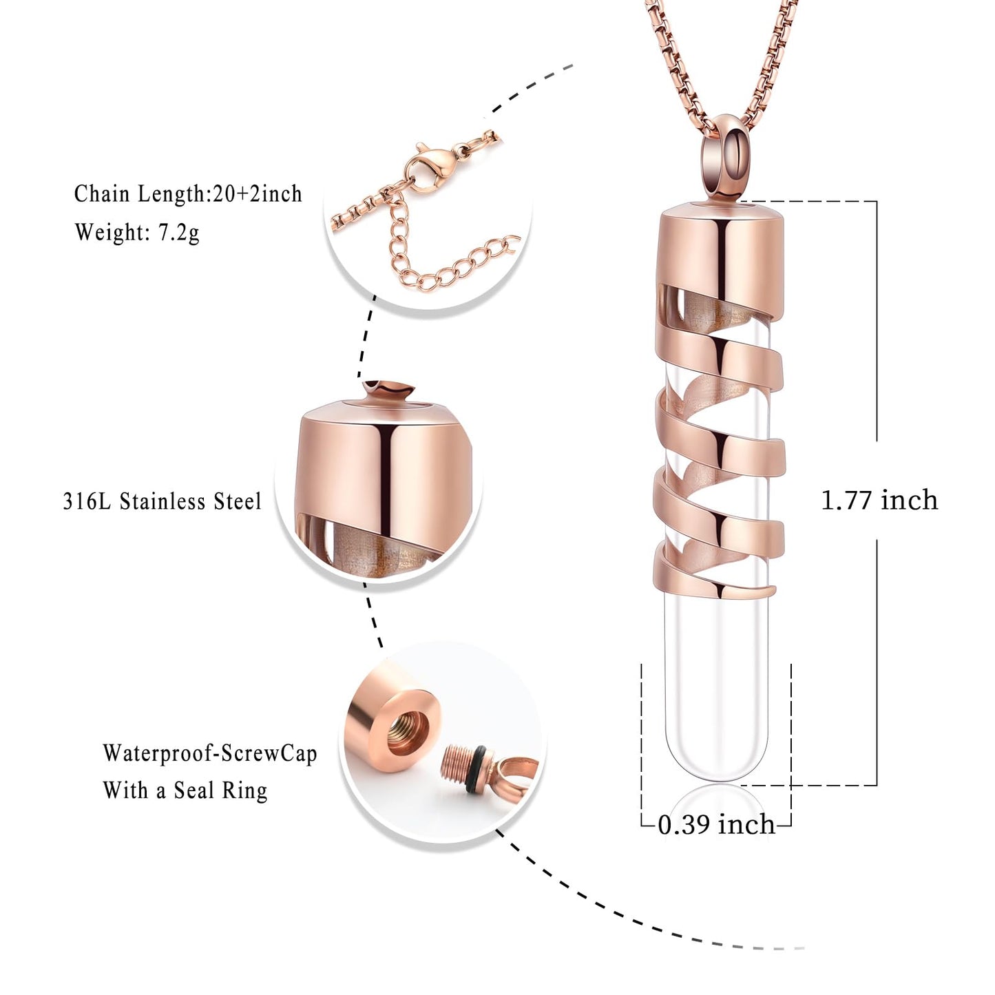 Oinsi Clear Glass Tube Cremation Urn Jewelry Ashes Holder Necklace Keepsake Memorial Pendant Including Box/Fill Kits (Rose Gold (Angel wing))