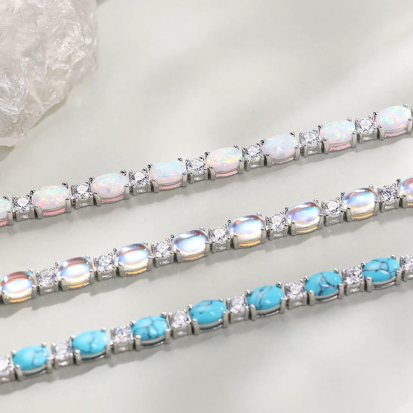 FANCIME Sterling Silver Created Turquoise Tennis Bracelet December Birthstone Bracelet Oval Gemstone Dainty Fine Jewelry Birthday Day Gift for Women 7"