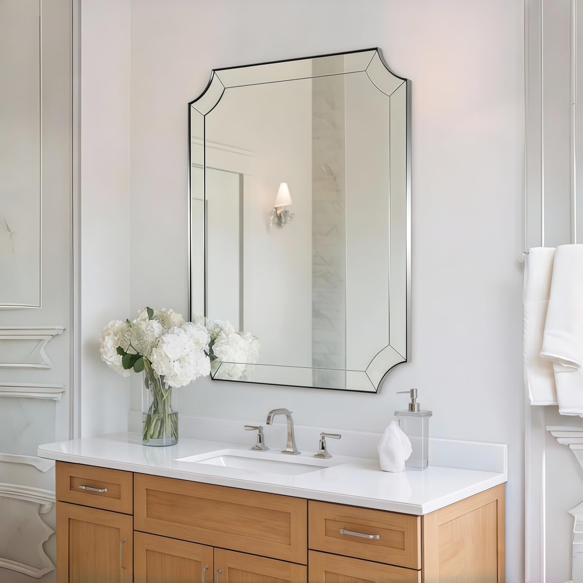 Andy Star Brushed Nickel Mirror, 22x30 Scalloped Bathroom Mirror, Silver Vanity Mirror in Anti-Rust Stainless Steel, Notched Mirrors with Delicate Tessellated Glass, Wall-Mounted Horizontal/Vertical