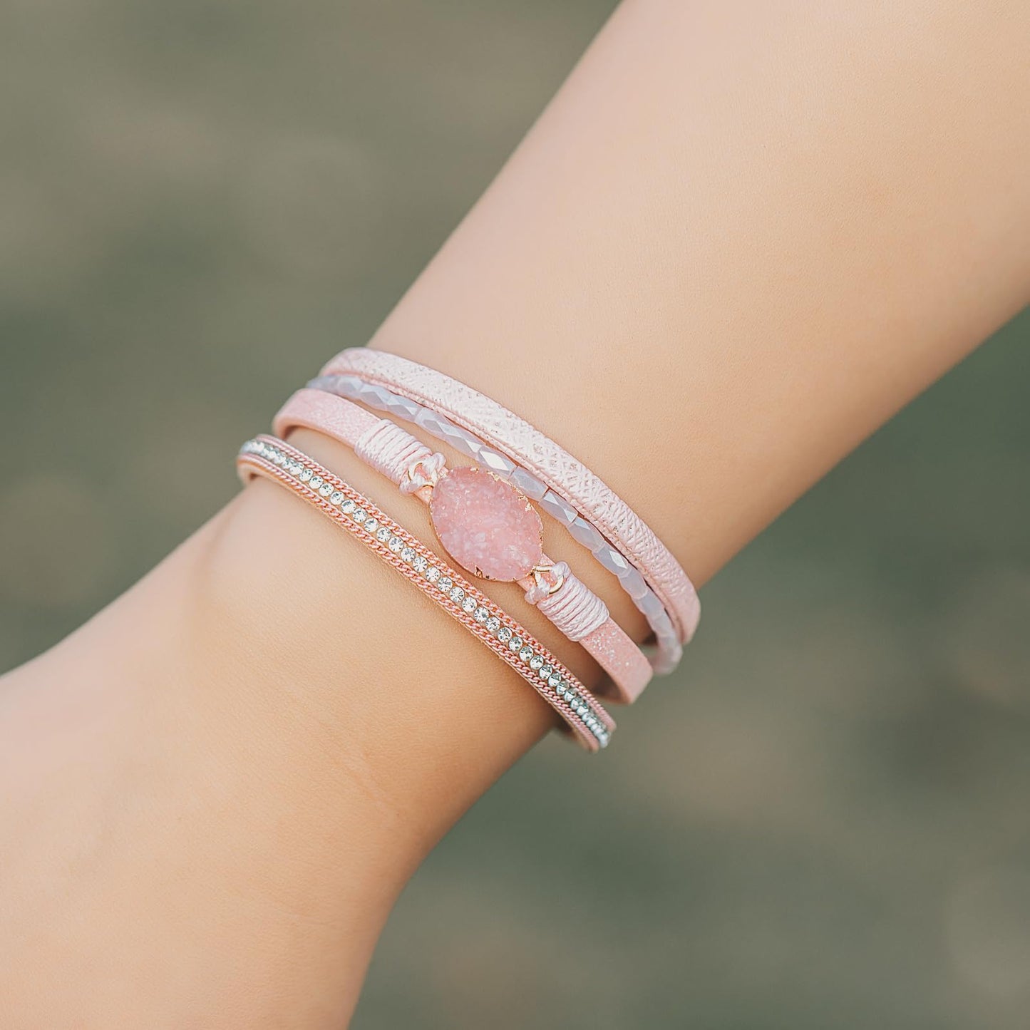 FANCY SHINY Boho Leather Wrap Bracelet Stackable Chunky Crystal Cuff Bracelets with Magnetic Clasp Cowboy Cowgirl Western Summer Beach Outfits Jewelry Gifts for Women (7.7", Pink)
