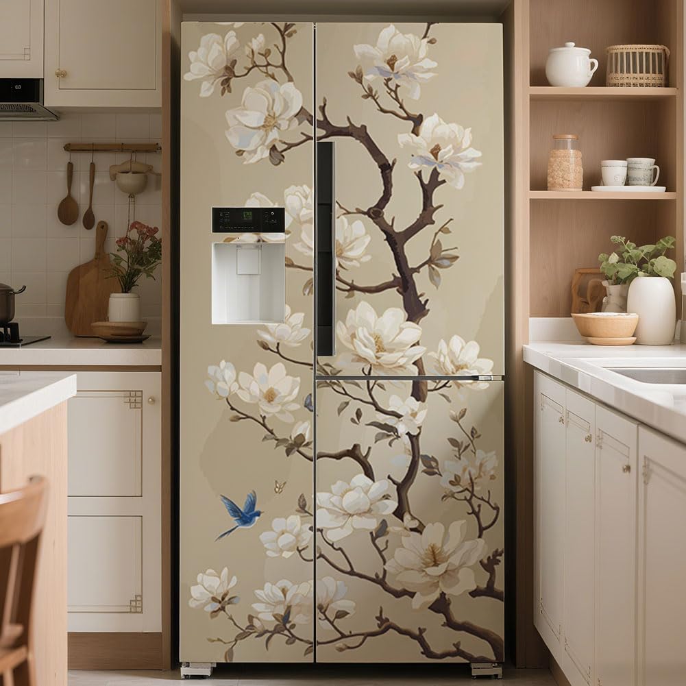 GOMAKERER 2 Pcs Branch and Bird Removable Refrigerator Wraps, Self-Adhesive Fridge Stickers Peel and Stick Vinyl Fridge Decals Sticker for Living Room Kitchen Bar Home Door Decor, 16.34x78.74 Inch
