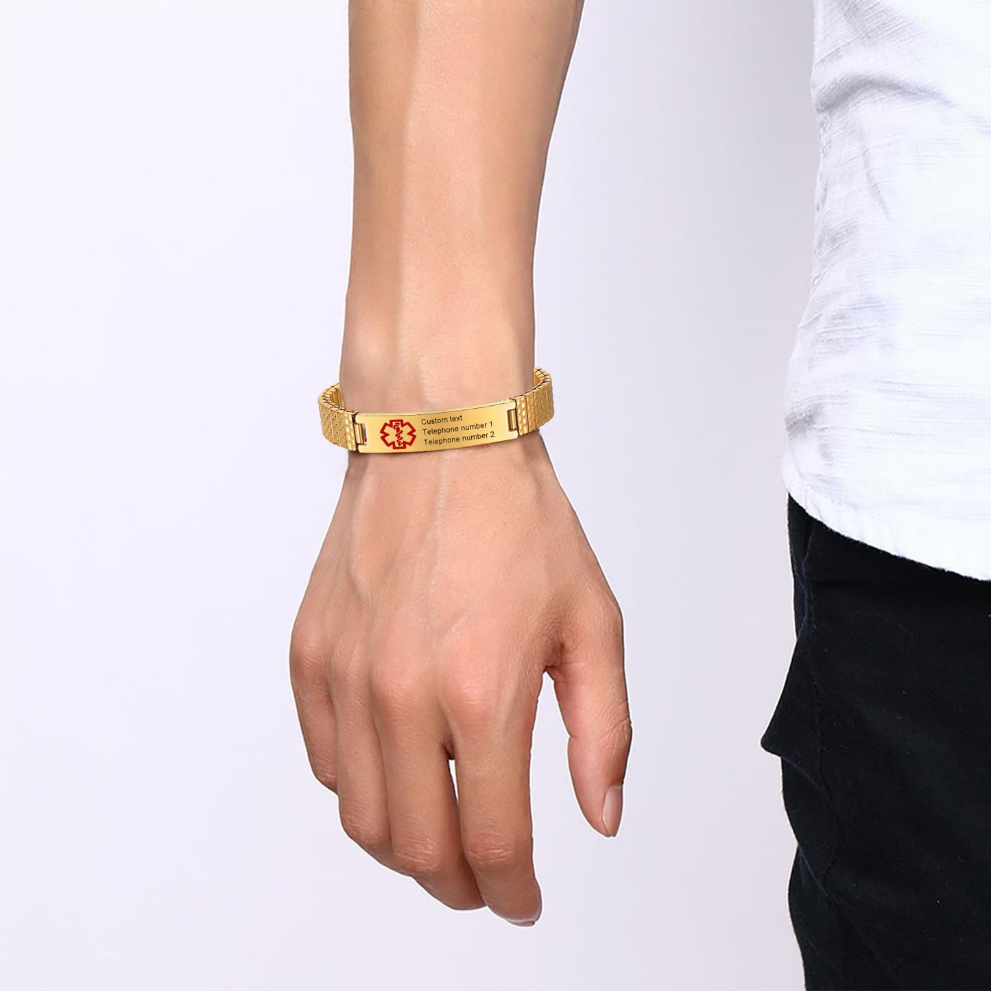 Personalized Medical ID Bracelets for Men - Custom Emergency Alert Bracelet for Women Engraved Medic Info Elastic Stainless Steel Bracelets for Family Autism Allergy Diabetic Epilepsy (Gold, 18cm)
