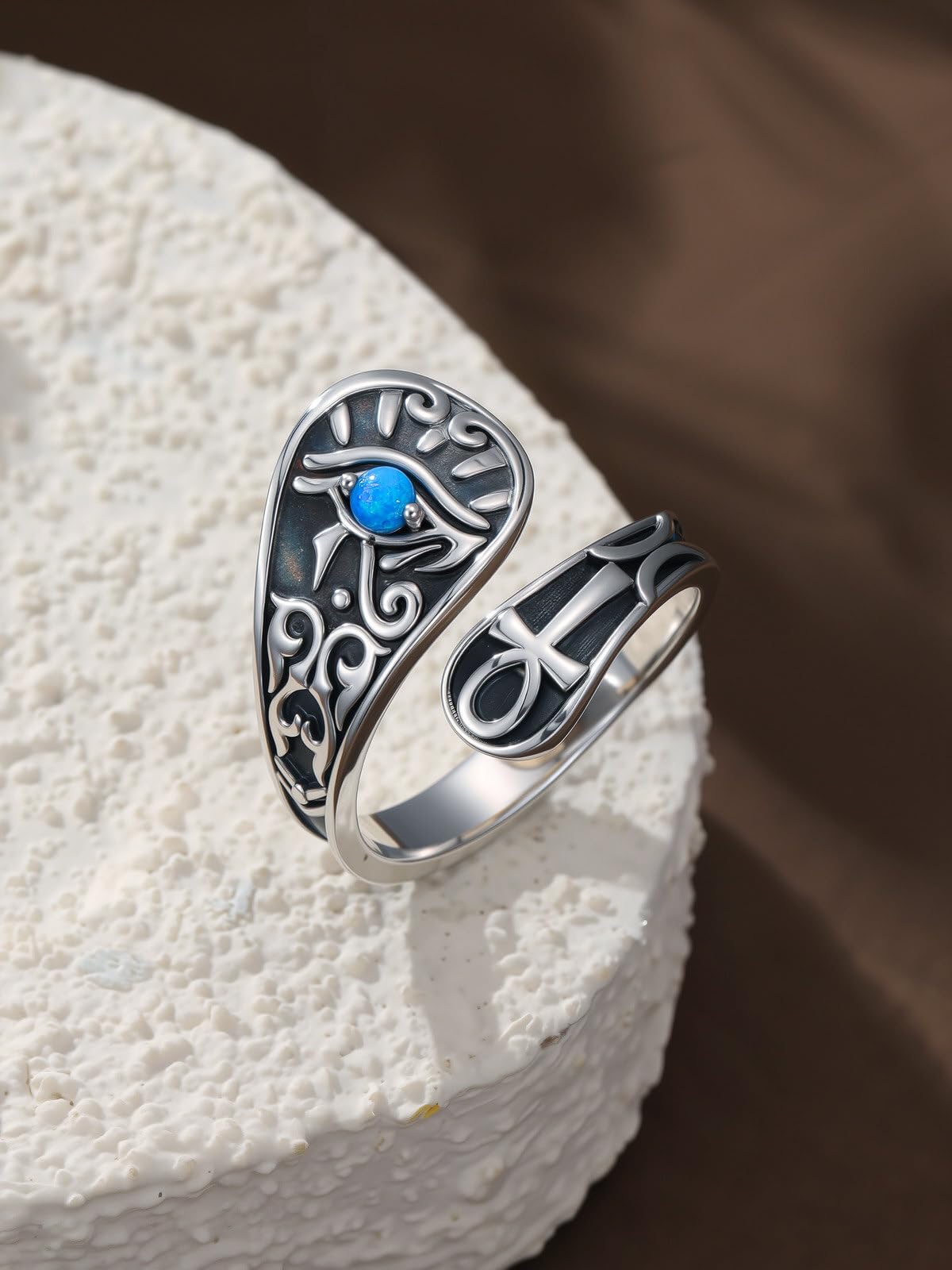 Midari Egypt Eye of Horus Spoon Ring 925 Sterling Silver Adjustable Vintage Ankh Cross Spoon Thumb Rings with Blue Opal Jewelry for Women Halloween Birthday Christmas Gifts