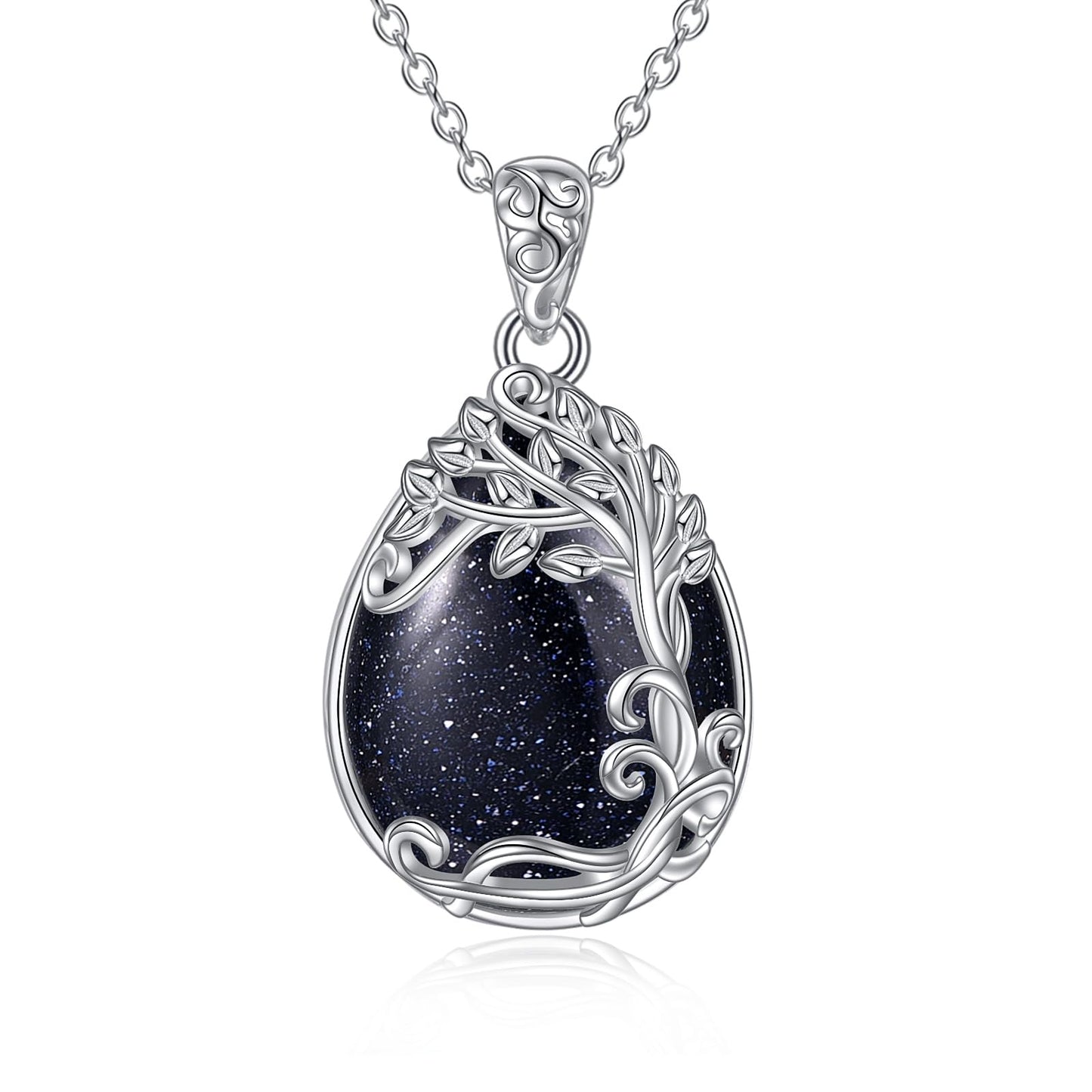 YAFEINI 925 Sterling Silver Blue Sandstone Necklace Tree of Life Teardrop Pendant Necklace Jewelry for Women (II-Tree of Life Blue Sandstone Necklace)