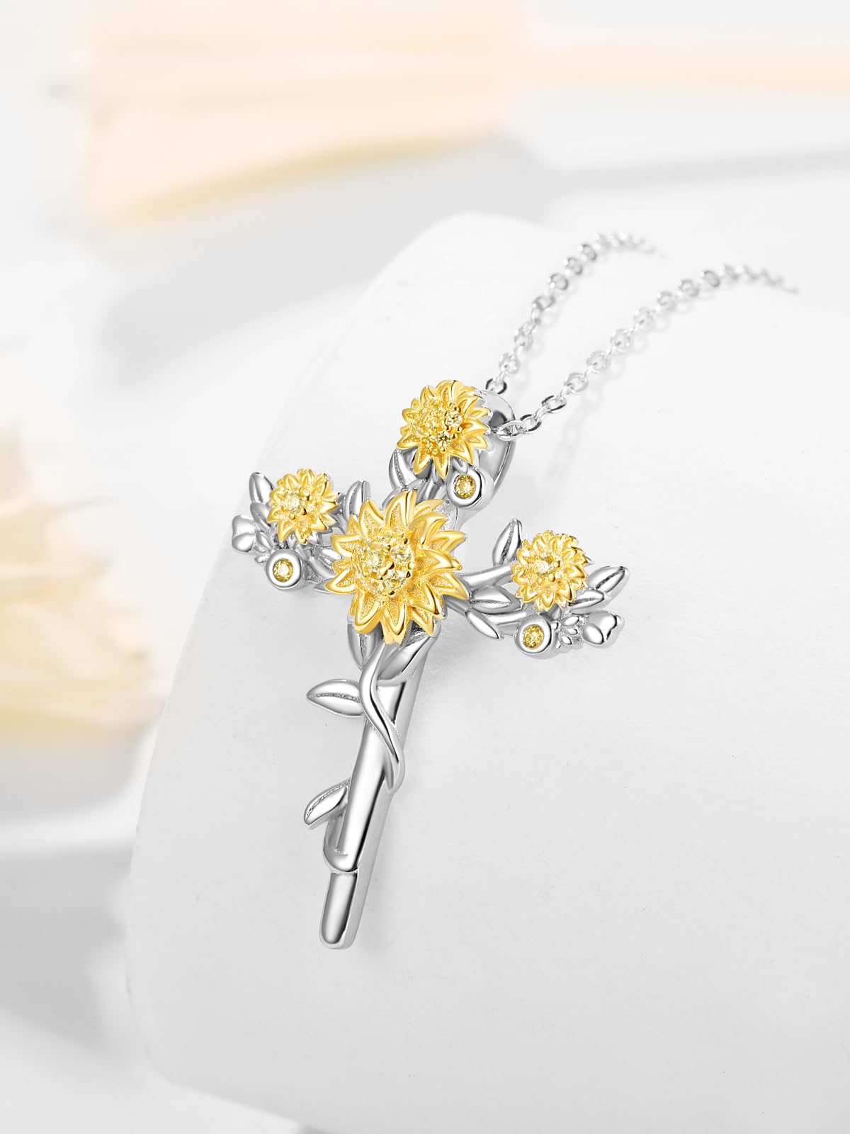 Zhi Kexin Sunflower Cross Pendant Necklace for Women 925 Sterling Silver Flower Jewelry Mothers Day Birthday Gifts for Sunflower Lovers