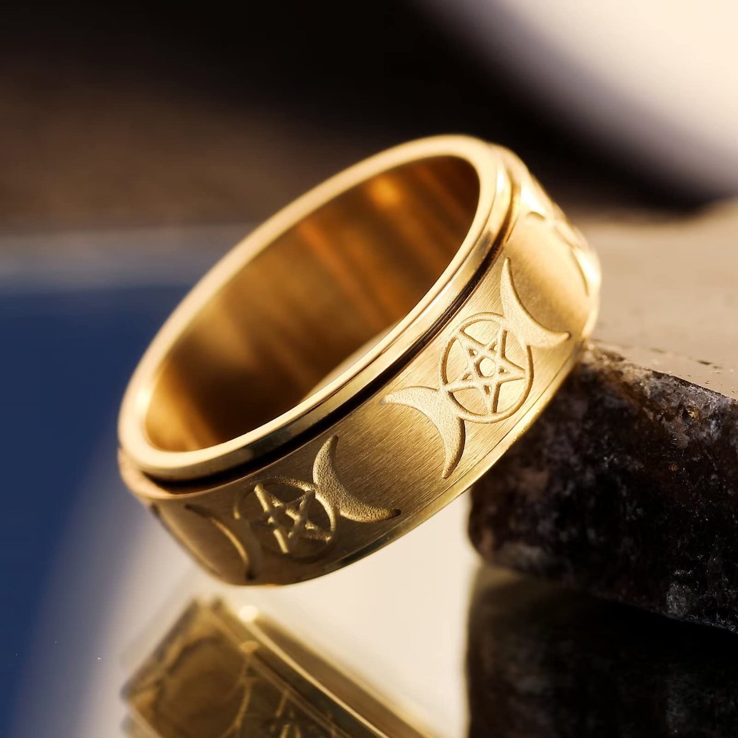 King Will Mens Fidget Ring Golden Yellow 8mm Stainless Steel Ring Spinner Ring For Men Women Stress Anxiety Relief Rotating Ring Finger Teens Toy Triple Moon Comfort Fit For Unisex Adults 8