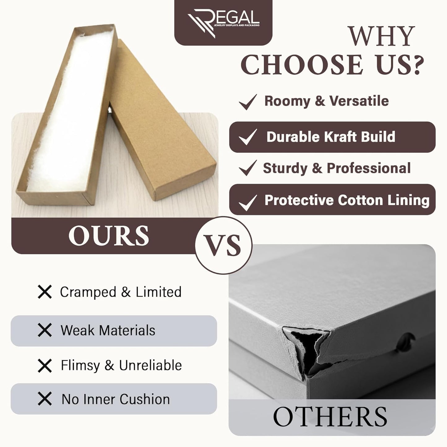 RJ Displays 6 Pack Cotton Brown Kraft Color paper Cardboard Jewelry Boxes for Bracelets, Necklace boxes, Watch & Small Gifts box, Jewelry Gift Boxes Size 8" x 2" x 1" Inch -(Brown Kraft)